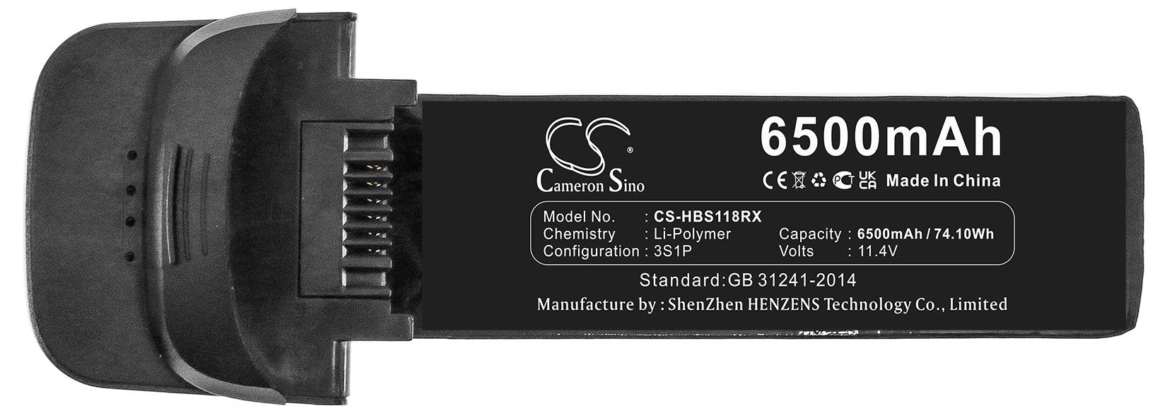 Schwarzer Akku mit der Aufschrift `6500mAh`, chemisches Element `Li-Polymer`, Spannung `11.4V`. Hersteller: ShenZhen HENZENS Technology Co., Limited.