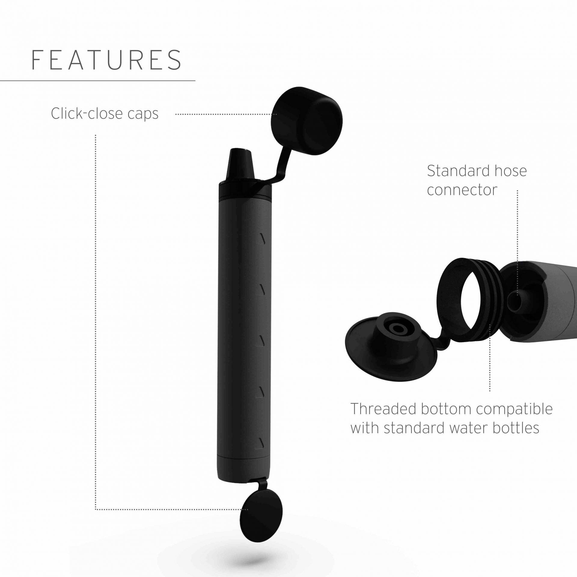 Tragbarer Wasserfilter mit 'Click-close caps', Standardanschluss und Gewindeboden, passend für Standard-Wasserflaschen.