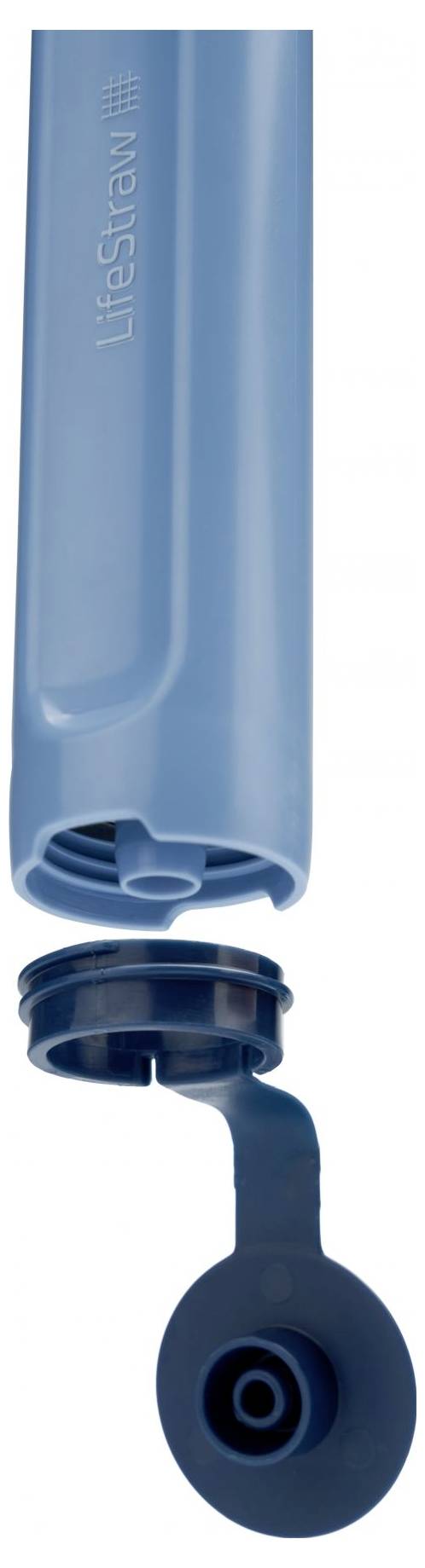 Blauer Wasserfilter mit abnehmbarer Kappe, Aufschrift 'LifeStraw' sichtbar. Hauptzweck: Wasserreinigung unterwegs.