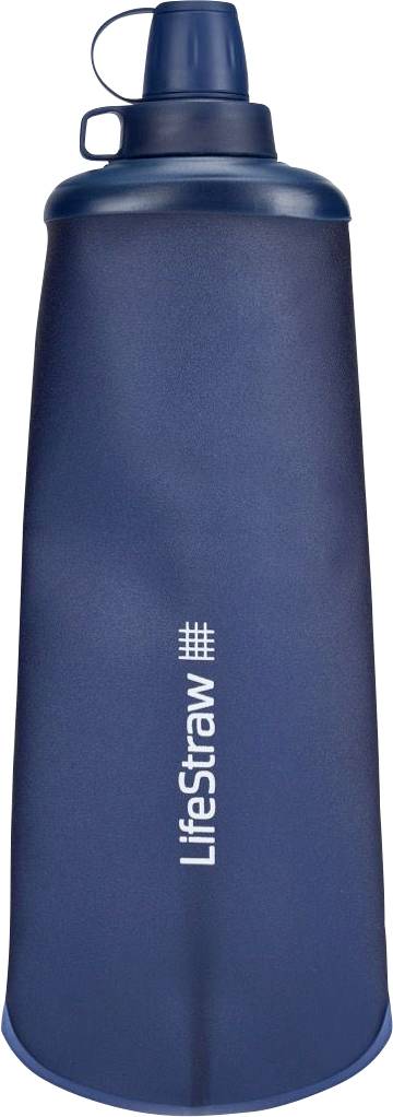 Blauer LifeStraw Wasserfilter in Flaschenform mit Deckel und Griff, zum sicheren Trinken von gereinigtem Wasser unterwegs.