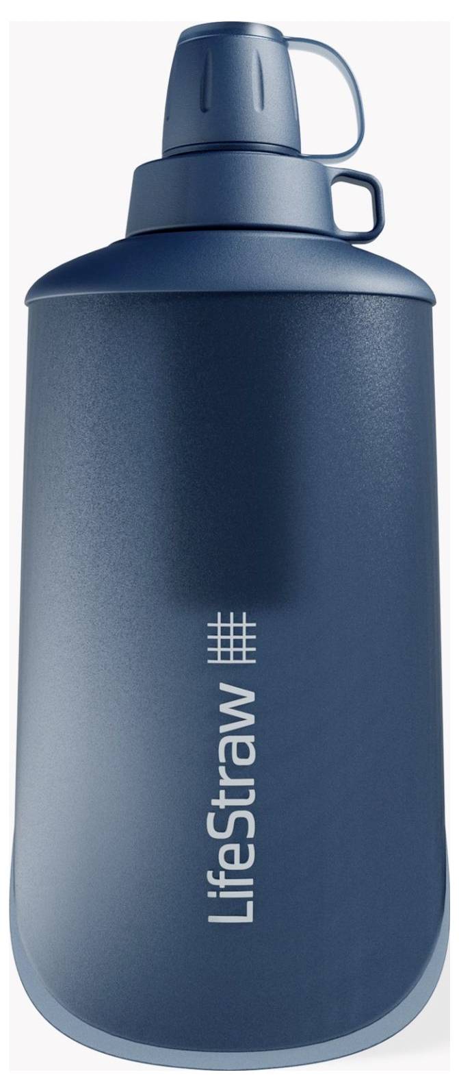 Dunkelblaue Wasserflasche mit integriertem Filter und Aufschrift 'LifeStraw'.