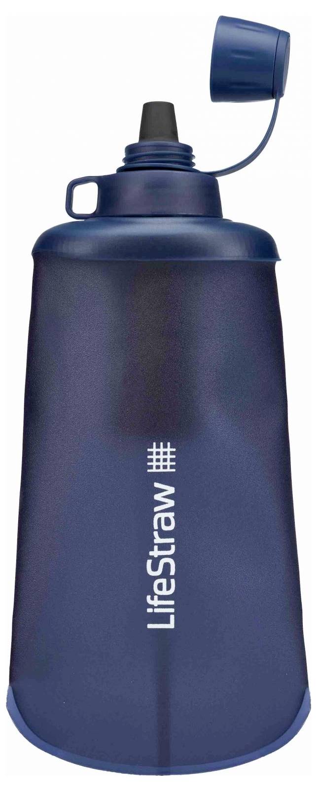 Blaue Wasserflasche mit Markenlogo, konisches Design, offener Deckel, mit integriertem Wasserfilter, für Outdoor-Aktivitäten.