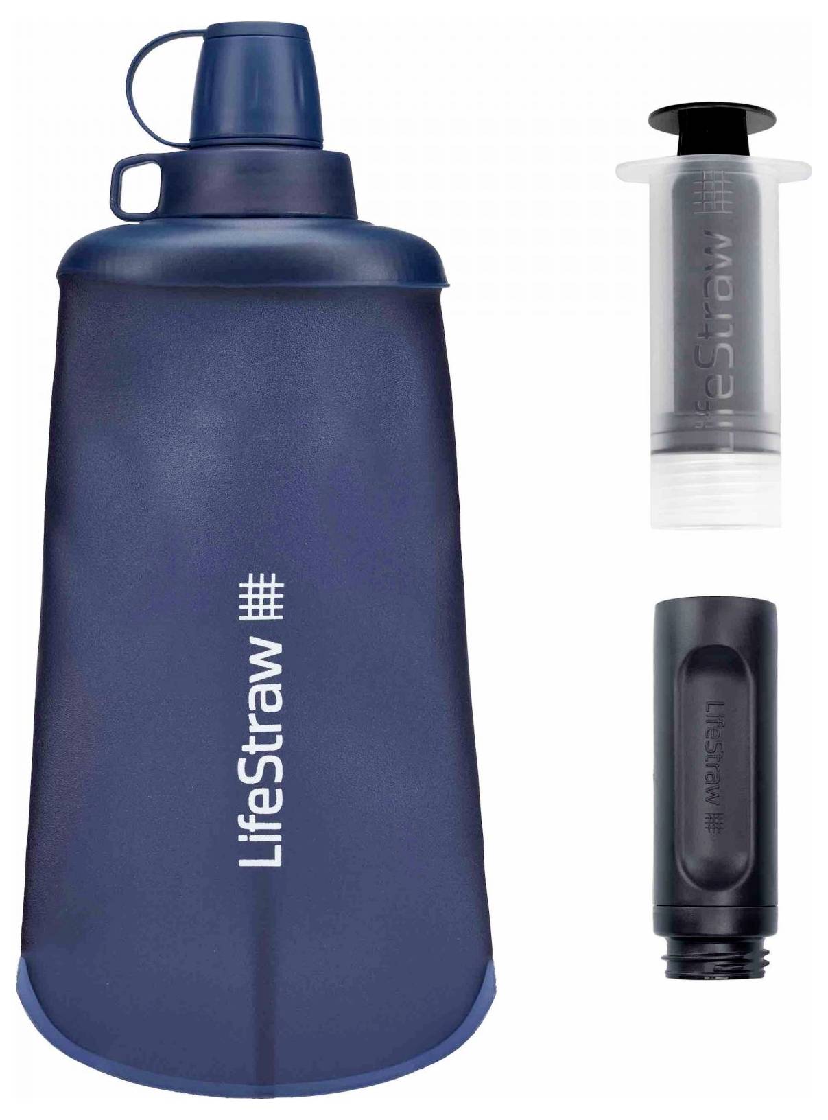 Trinkflasche mit Filter und Spritze von LifeStraw; ideal für sauberes Trinkwasser unterwegs; kompakt und tragbar für Outdoor-Aktivitäten.