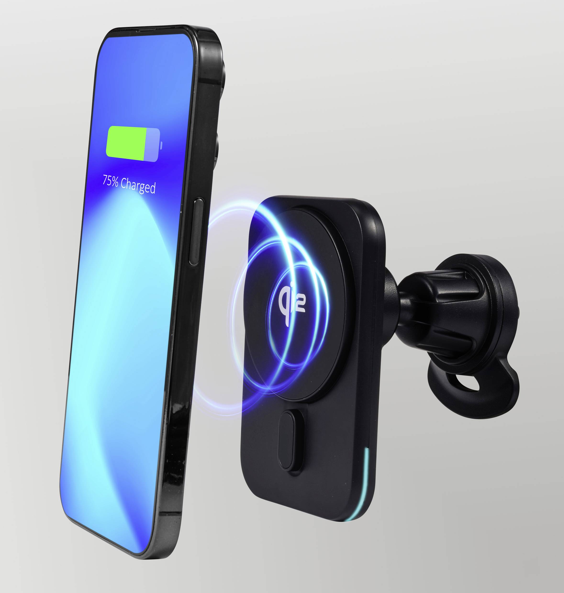 Ein Smartphone wird kabellos aufgeladen, zeigt 75% Ladung an. Es ist an einer magnetischen Autohalterung befestigt.