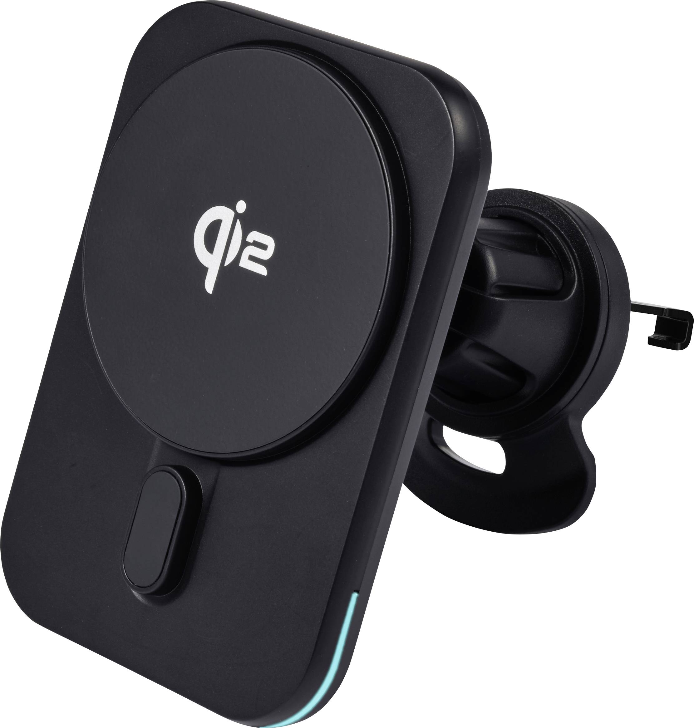 Kabelloses Ladegerät zur Befestigung am Autoarmaturenbrett, schwarz, mit 'qi2' Logo an der Vorderseite.