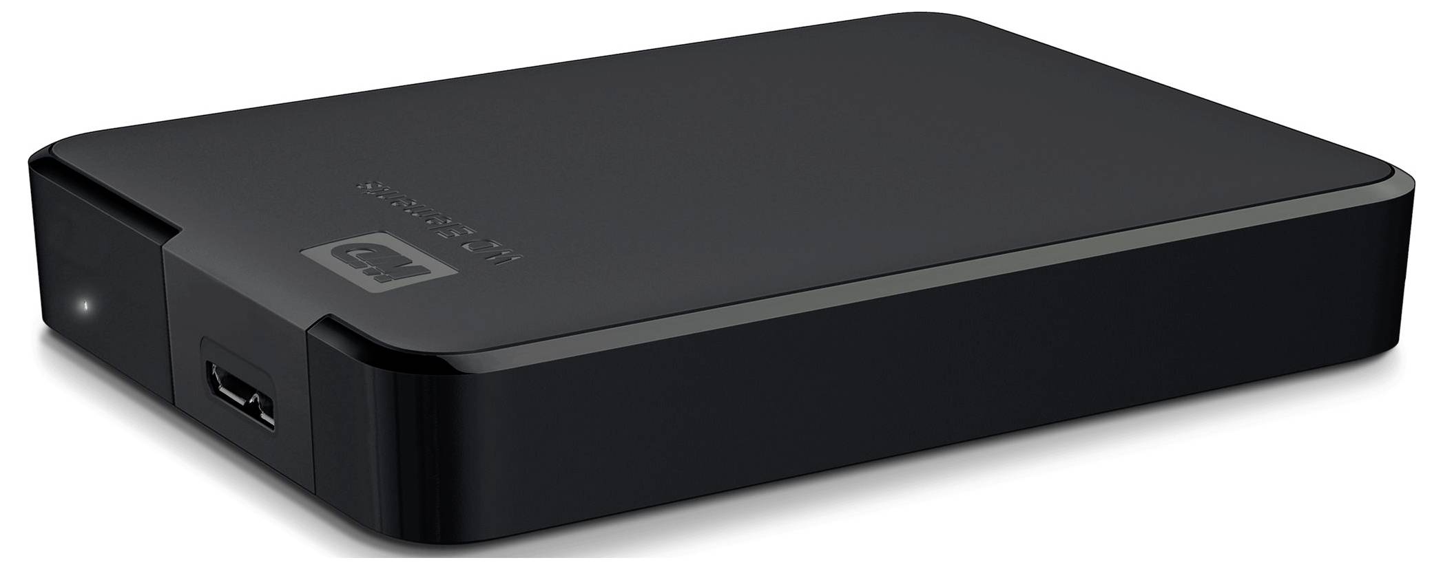 Externe schwarze Festplatte mit USB-Anschluss, rechteckig und flach, zur Datenspeicherung.