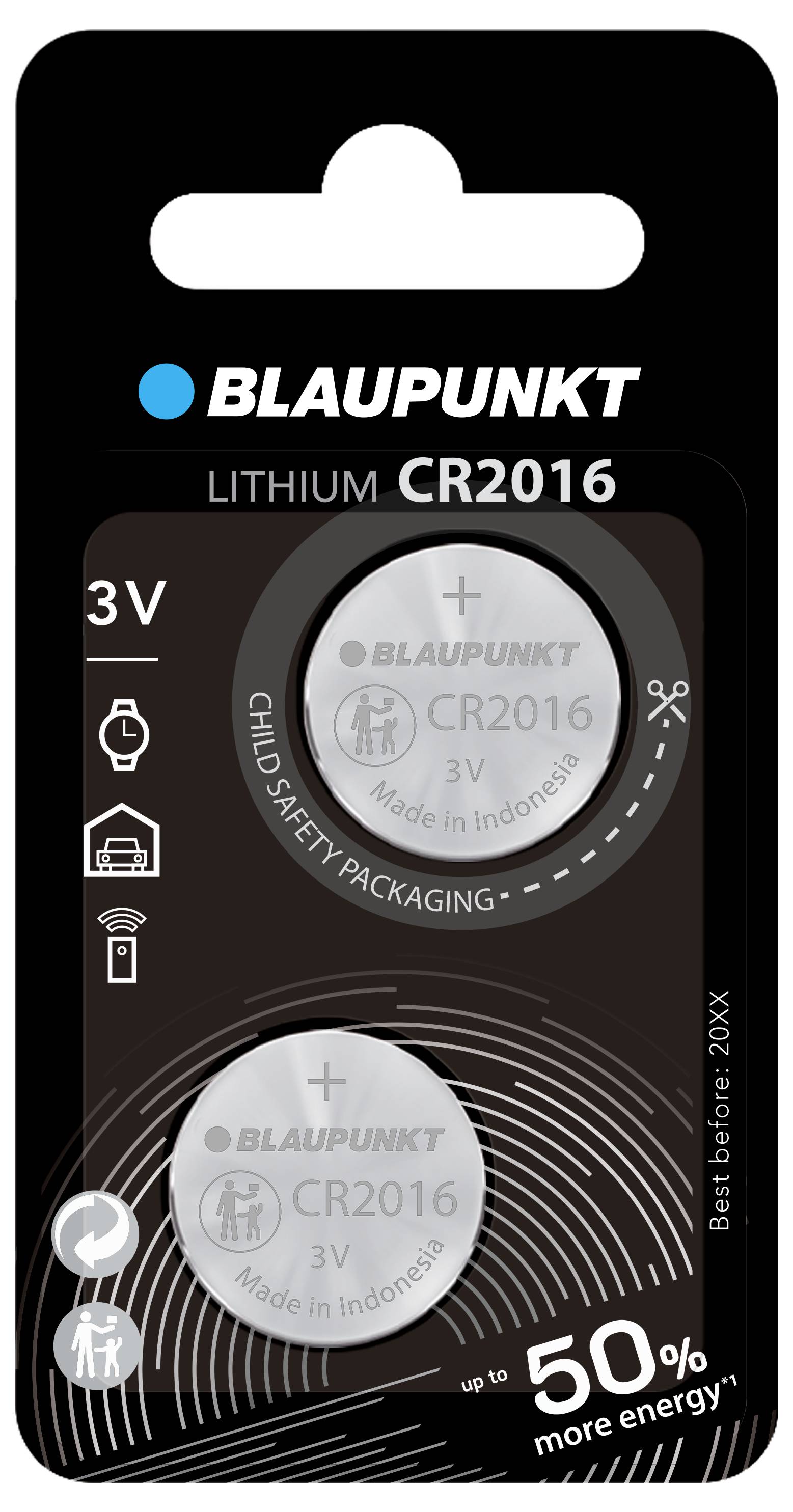 Zwei Lithium-Knopfzellen-Batterien (CR2016) von Blaupunkt in kindersicherer Verpackung. Spannung: 3V. Hergestellt in Indonesien.