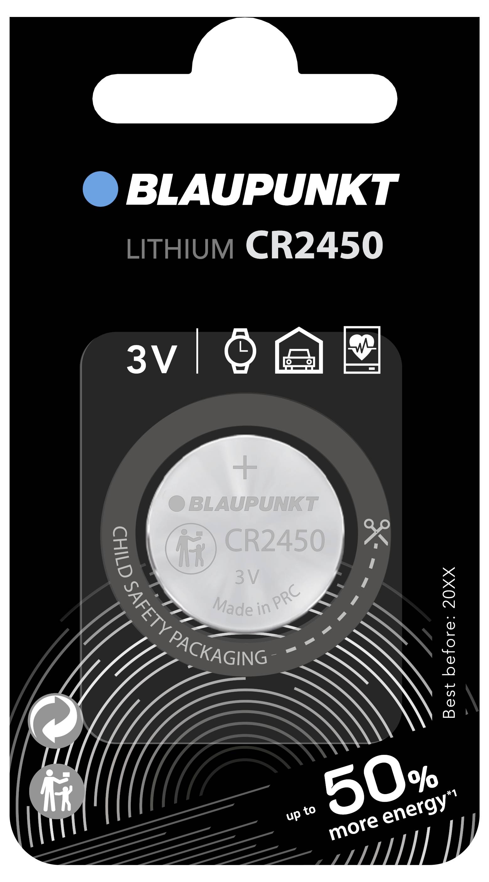 Blaupunkt CR2450 Lithium-Knopfzelle, 3V, kindersichere Verpackung, bis zu 50 % mehr Energie, Ablaufdatum: 20XX.