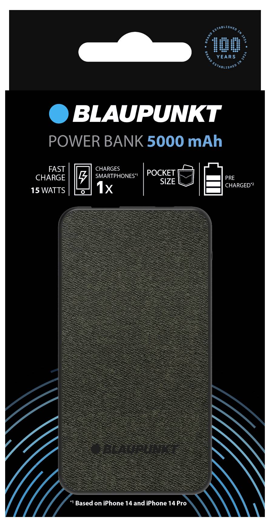 Eine Powerbank-Verpackung von Blaupunkt mit 5000 mAh Kapazität, die schnelles Laden, kompakte Größe und Vorladung bietet.