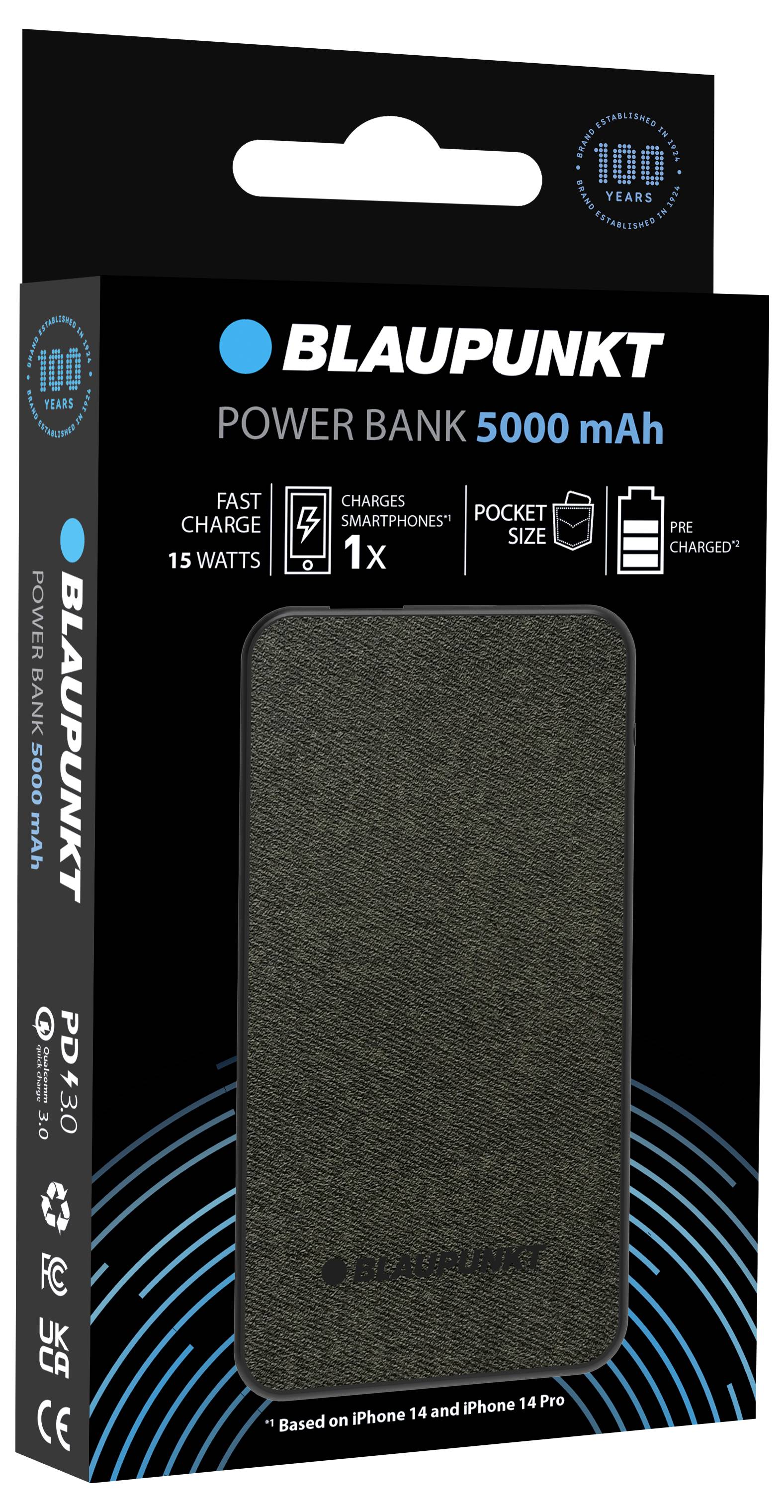 Blaupunkt Powerbank, 5000 mAh, schwarz. Verpackung zeigt Hauptmerkmale: schnelle Ladefunktion, 15 Watt, kompatibel mit Smartphones.