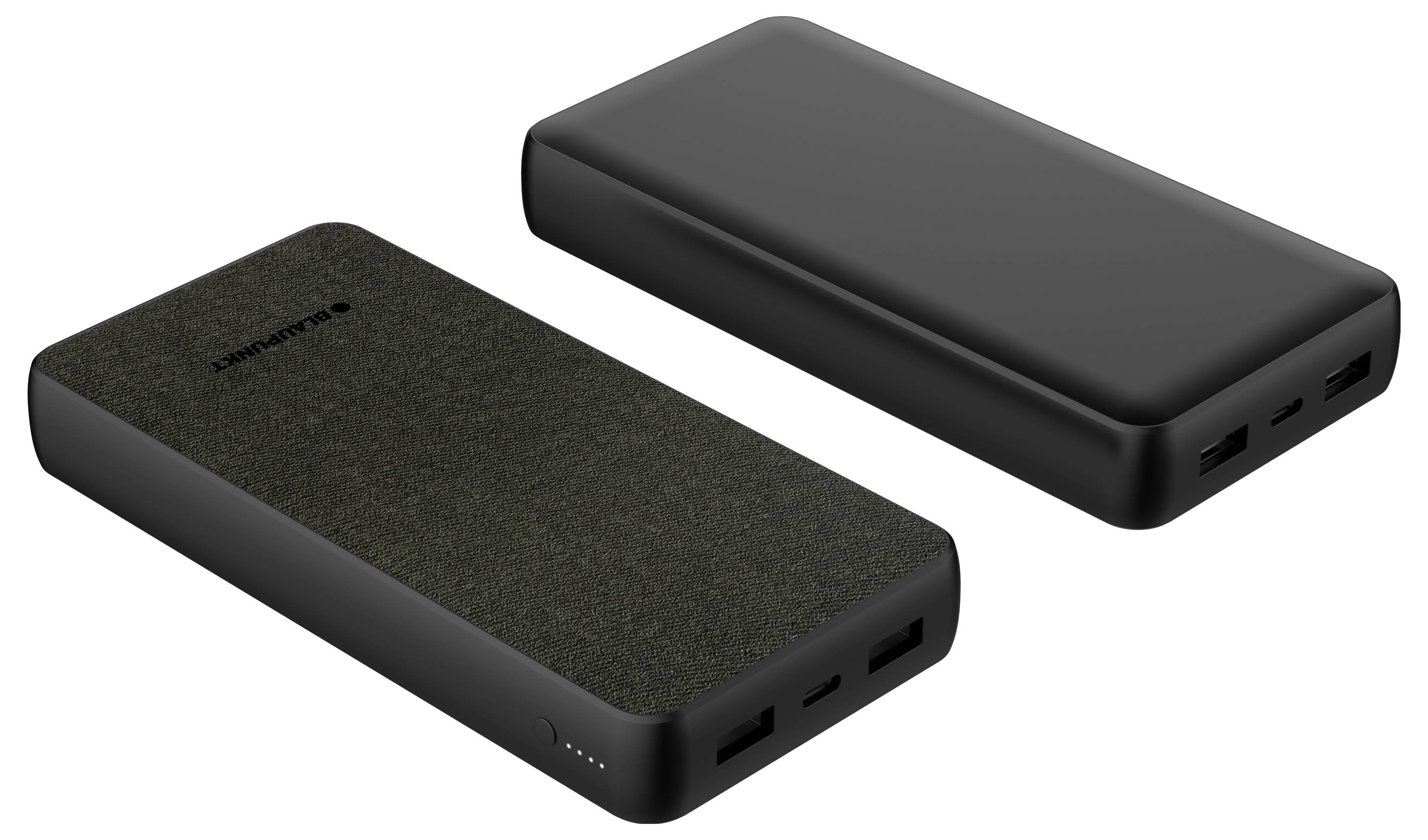 Zwei schwarze Powerbanks mit abgerundeten Ecken, eine zeigt Oberseite mit Markenname, die andere zeigt drei USB-Anschlüsse an der Seite.
