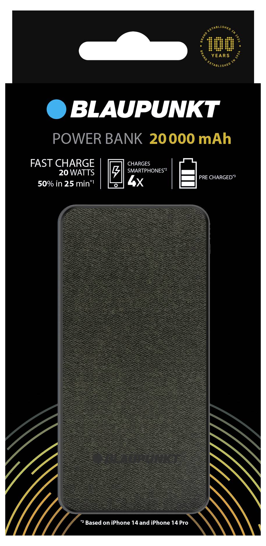 Schwarze Verpackung einer Blaupunkt Powerbank mit 20.000 mAh. Hervorgehoben: Schnelles Laden, 4-fache Smartphone-Ladung, vorab geladen.