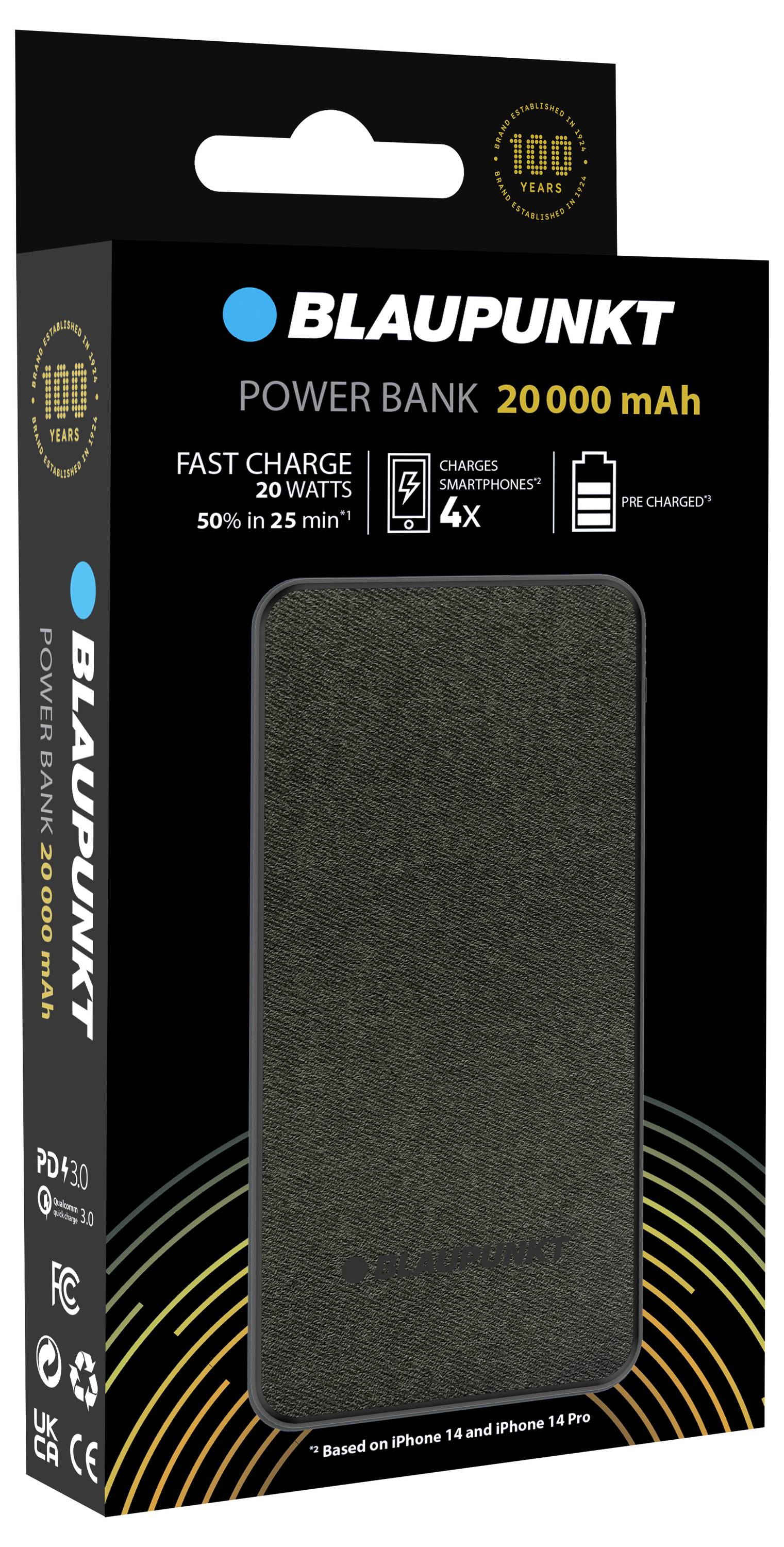 Powerbank-Verpackung von Blaupunkt mit 20.000 mAh Kapazität. Aufschrift 'Fast Charge 20 Watts', lädt Smartphones fünfzig Prozent in 25 Minuten.