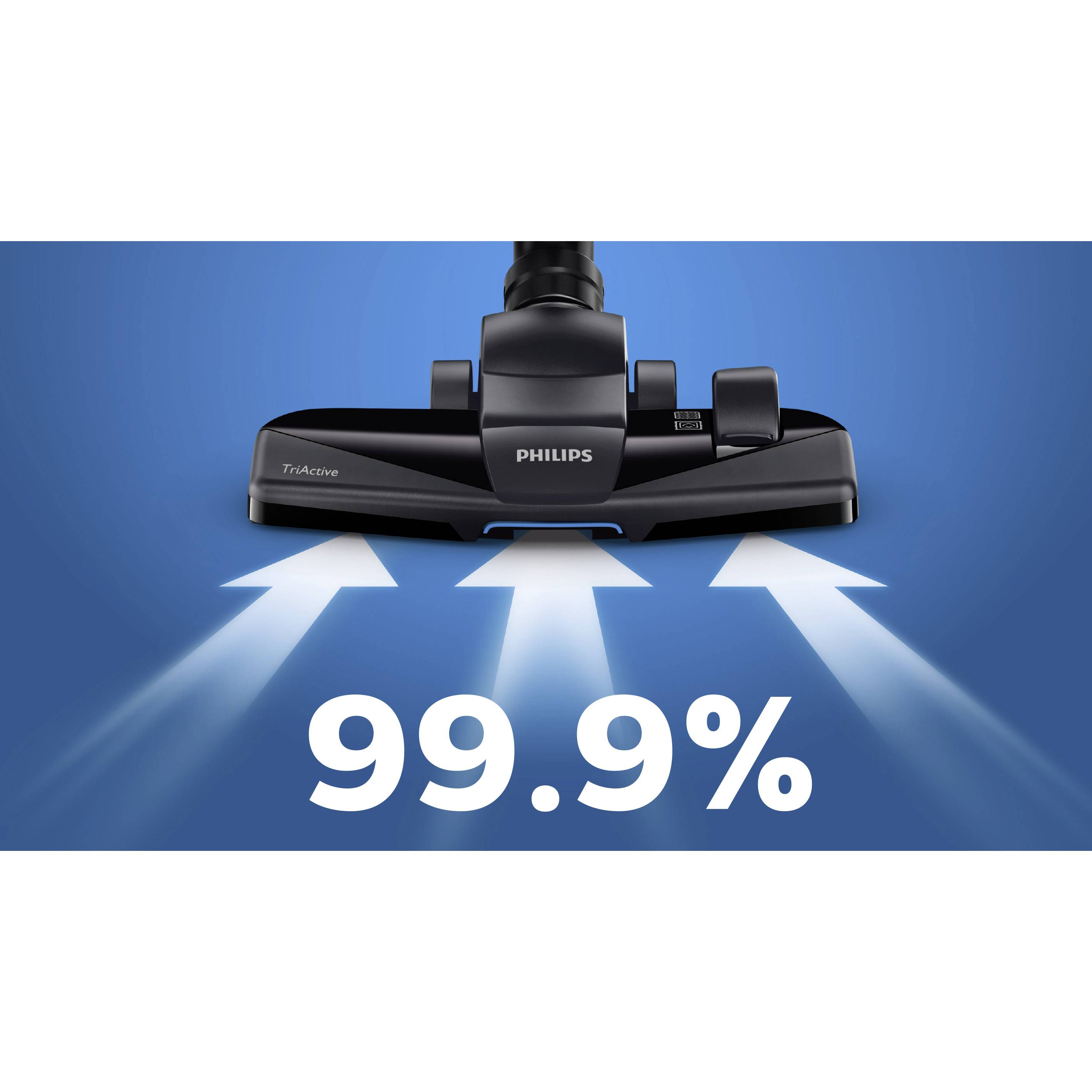 Ein Staubsaugerkopf mit der Aufschrift 'Philips'; darunter in großen Zahlen '99.9%', symbolisiert starke Saugkraft.