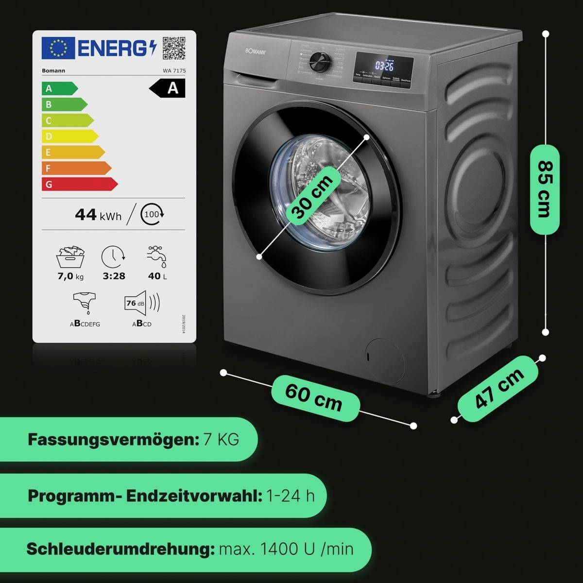 Bomann WA 7175 Waschmaschine EEK: A (A - G) Frontlader 7 kg 1400 U/min