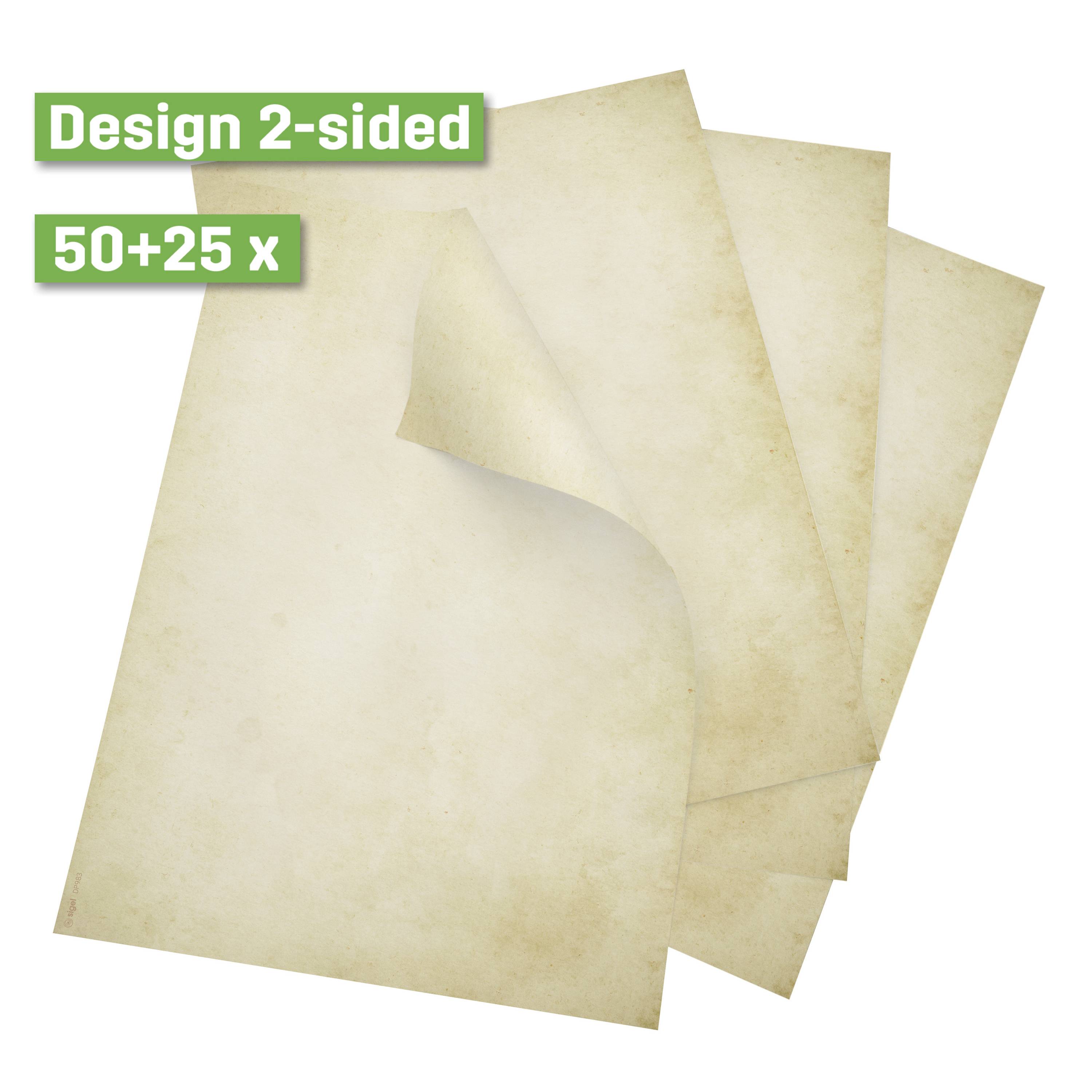 Drei beidseitig bedruckte, leicht wellige, alte, beigen Papiere übereinander. Text oben links: 'Design 2-sided 50+25 x'.