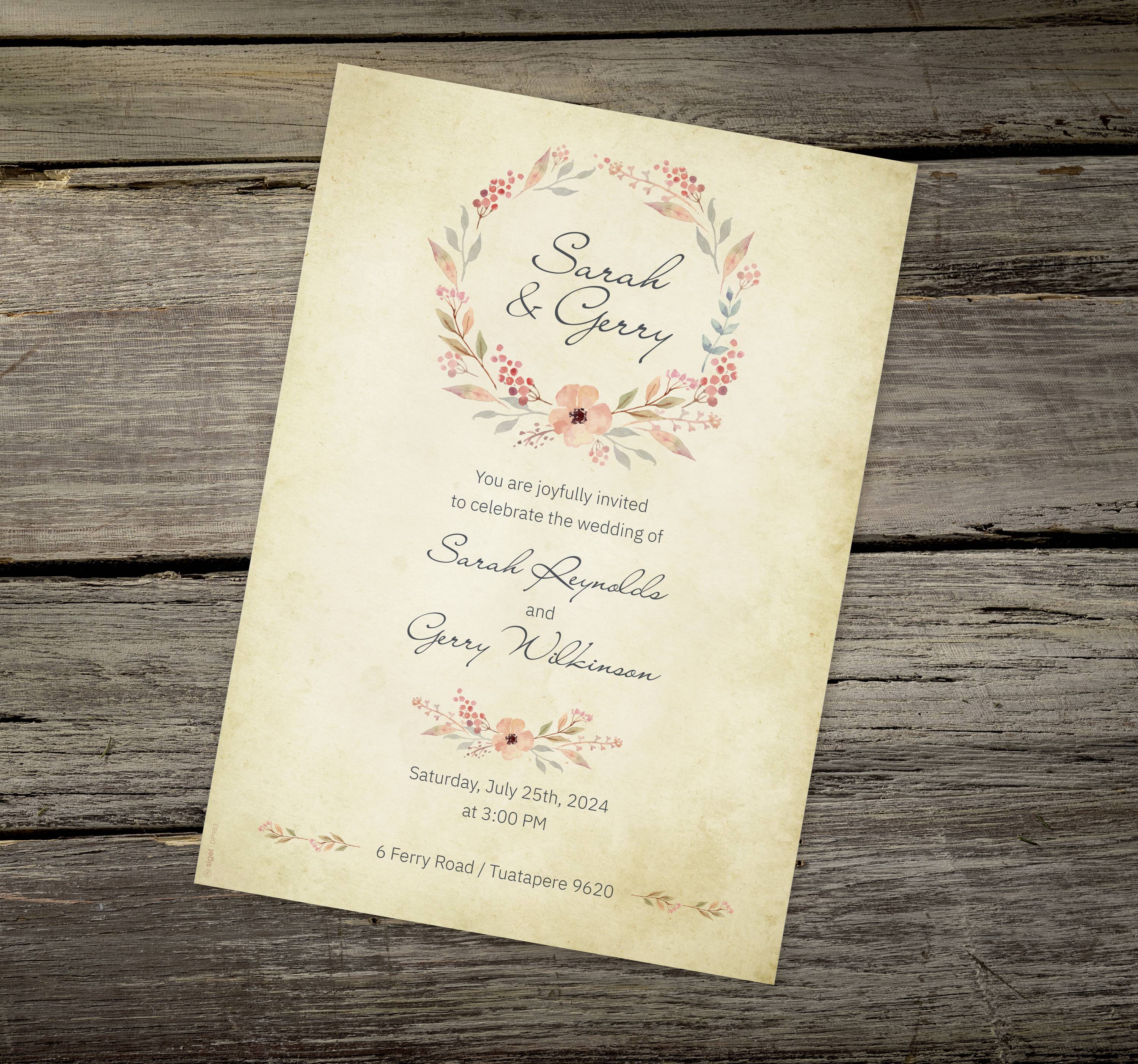 Einladung zur Hochzeit von Sarah und Gerry am Samstag, 25. Juli 2024, um 15:00 Uhr, 6 Ferry Road, Tuatapere. Dekoratives Blumenmotiv oben.