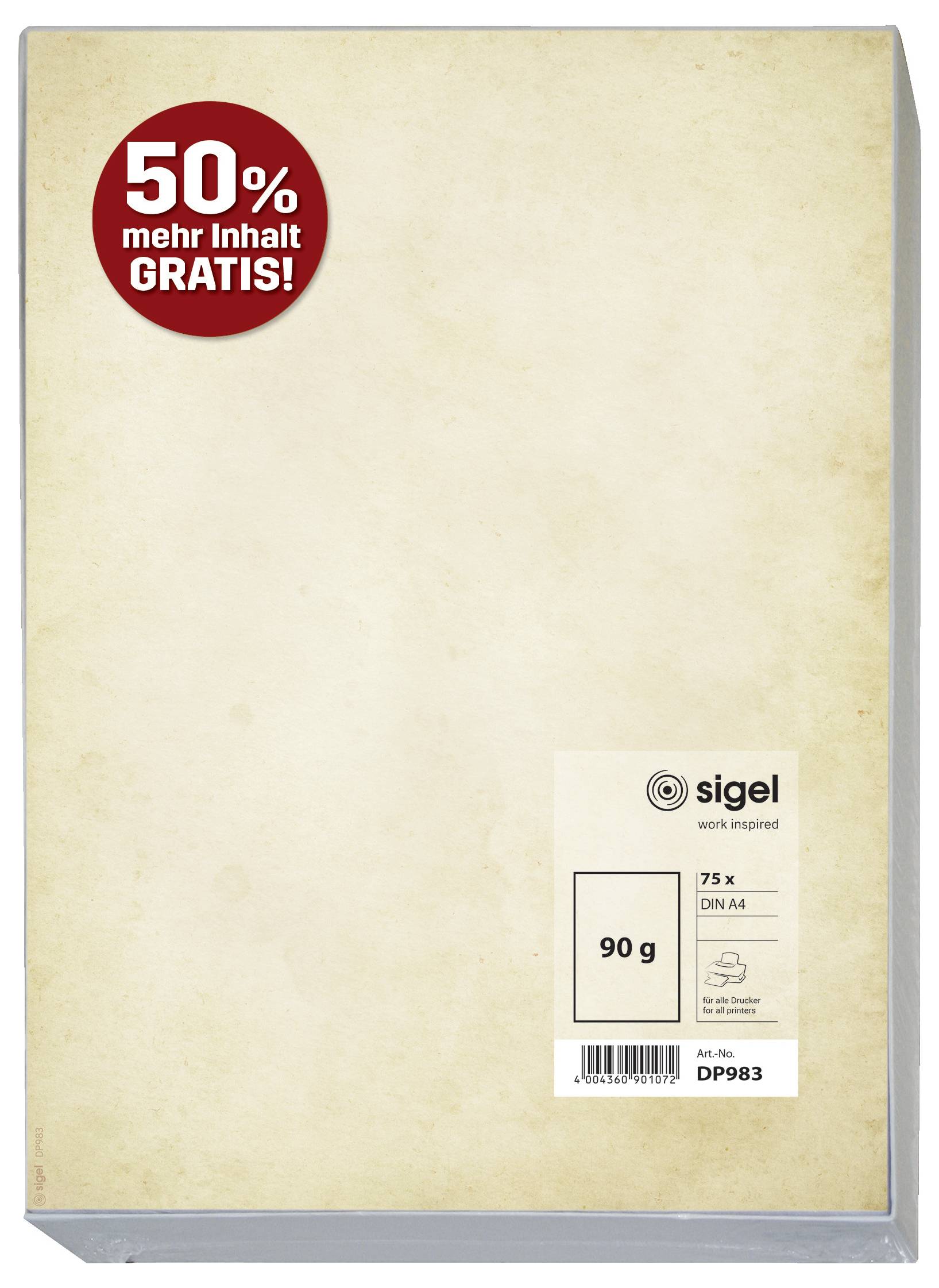 Ein Paket Papier im Format DIN A4 von der Marke Sigel. Aufkleber oben links: '50% mehr Inhalt GRATIS!'.