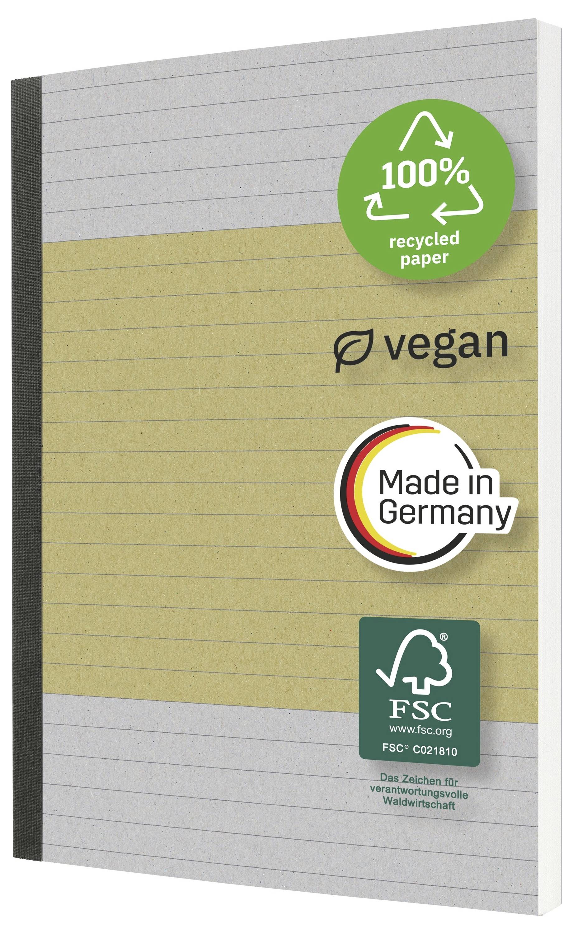 Notizbuchcover mit liniertem Papierdesign und Öko-Siegeln: '100% Recyclingpapier', 'vegan', 'Hergestellt in Deutschland' und FSC-Zertifizierung.