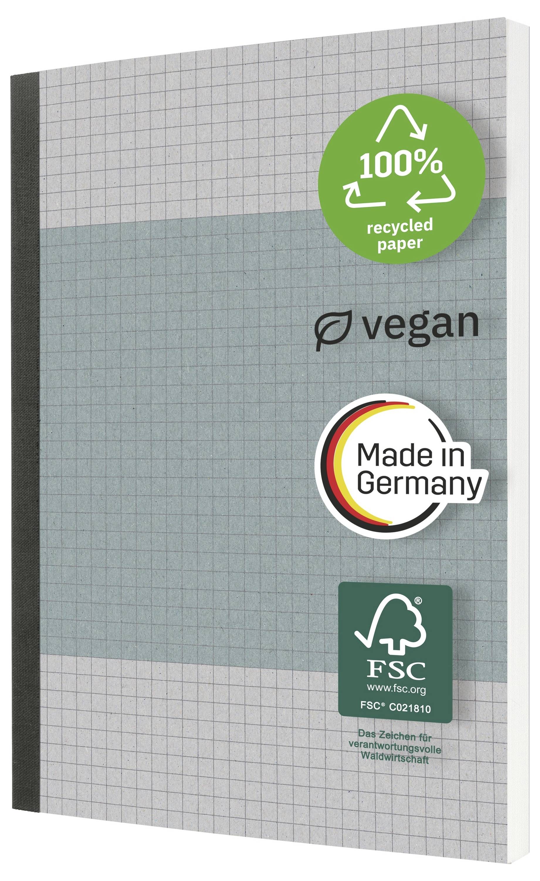 Buchcover mit Nachhaltigkeitssiegeln: „100% Recyclingpapier", „Vegan", „Made in Germany" und FSC-Zertifizierung.