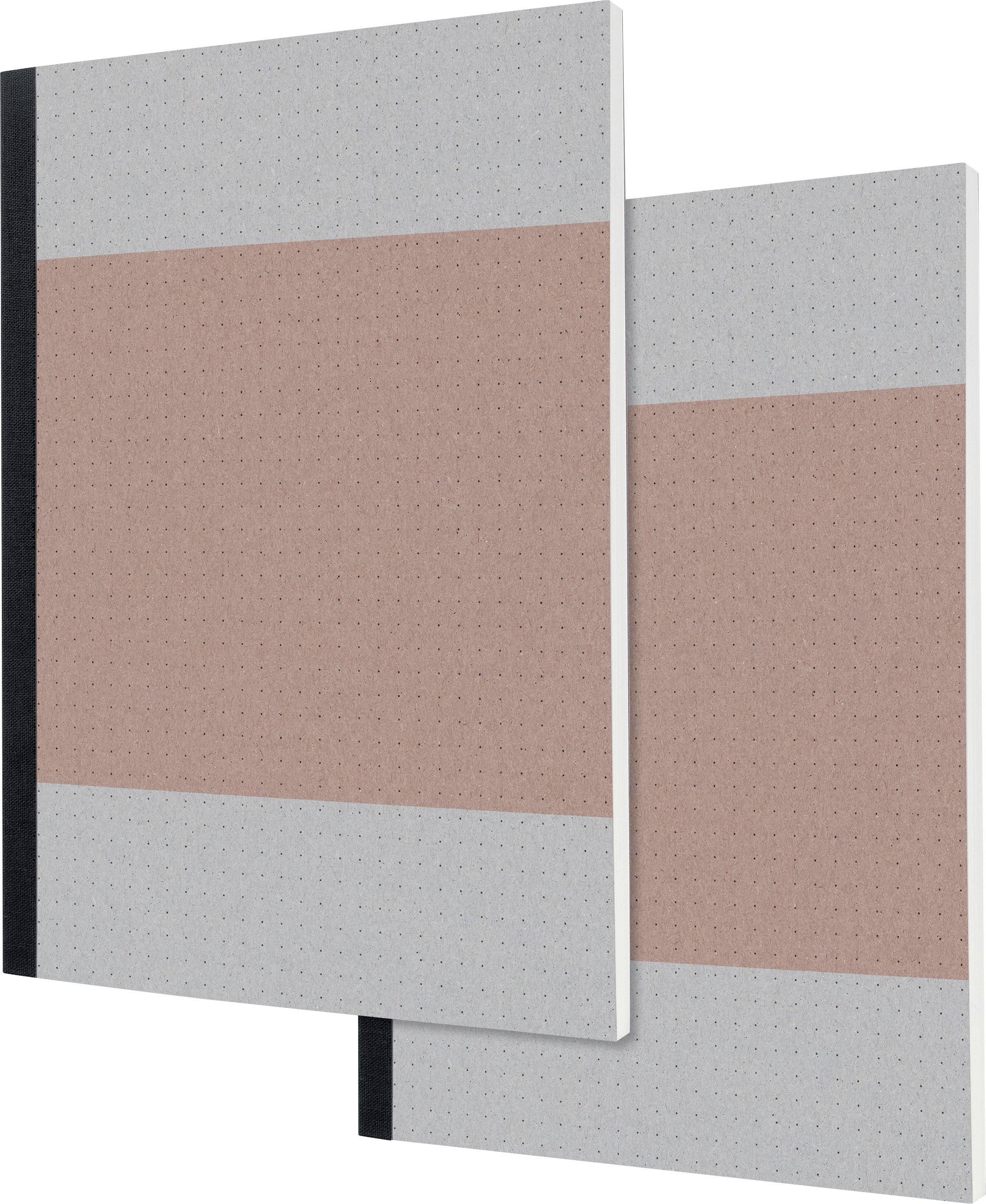 Zwei große, beige und rosa Notizbücher mit schwarzem Rücken nebeneinander, leicht versetzt nach hinten.