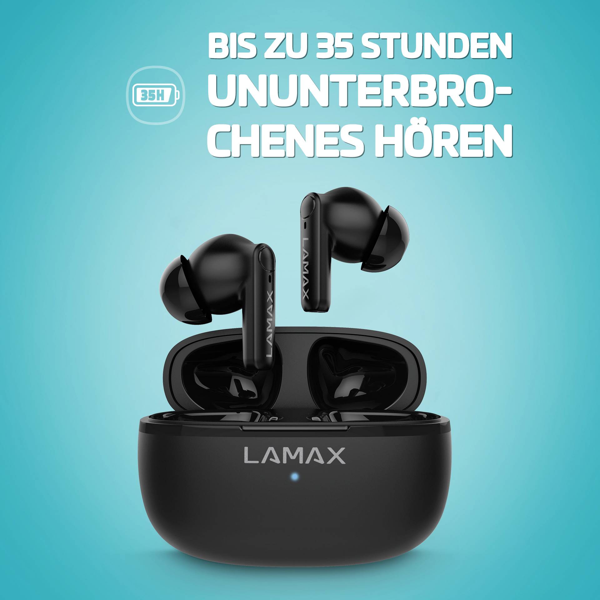 Lamax Clips1 Play In Ear Headset Bluetooth® Stereo Schwarz Batterieladeanzeige, Ladecase, Lautstärkeregelung, Schweißresistent
