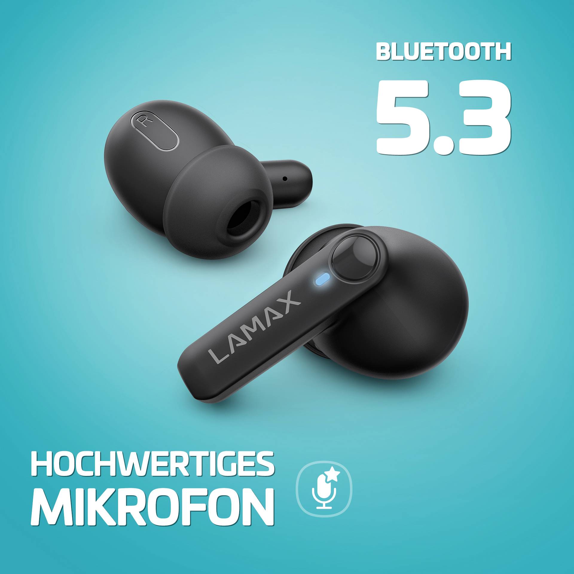 Lamax Clips1 Play In Ear Headset Bluetooth® Stereo Schwarz Batterieladeanzeige, Ladecase, Lautstärkeregelung, Schweißresistent