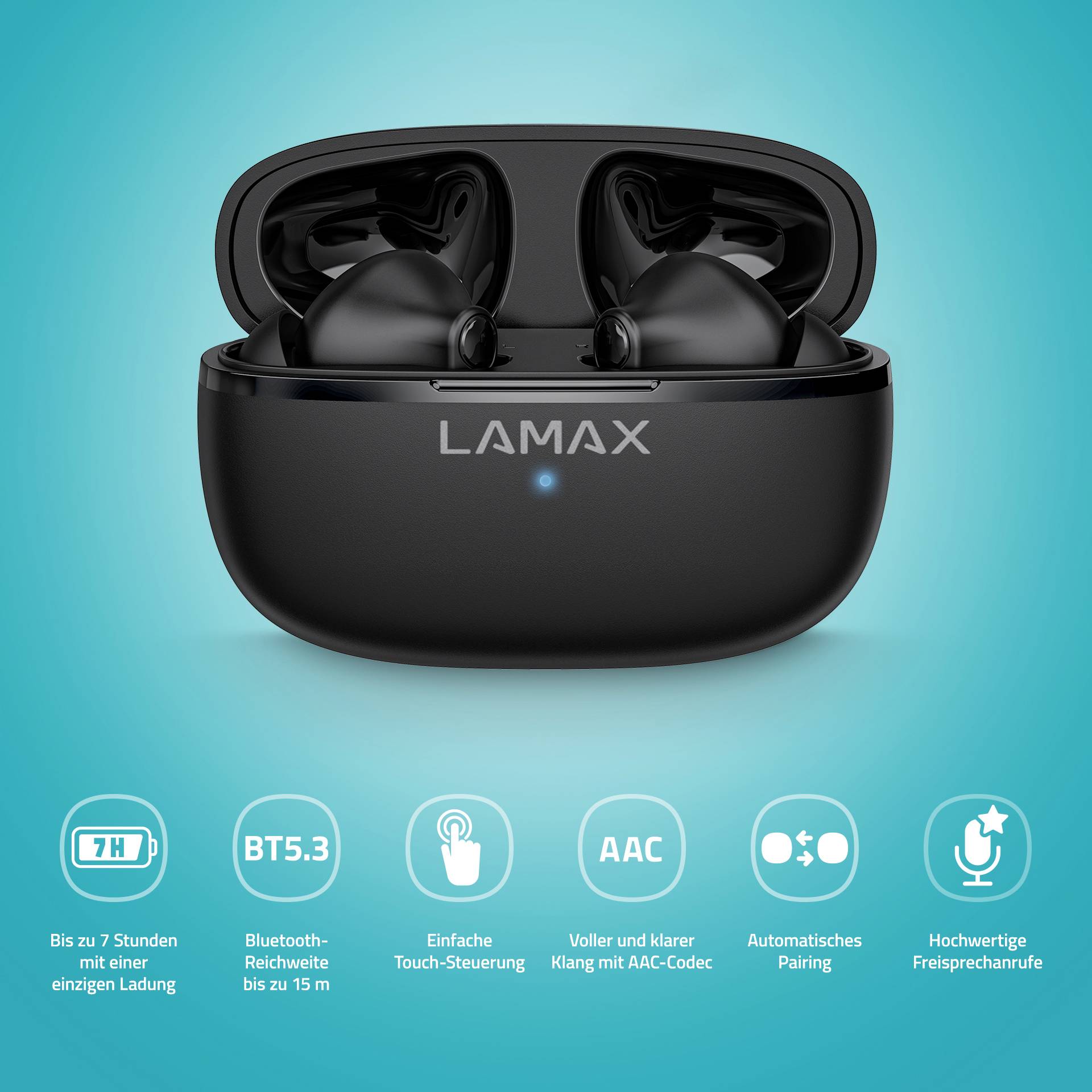 Lamax Clips1 Play In Ear Headset Bluetooth® Stereo Schwarz Batterieladeanzeige, Ladecase, Lautstärkeregelung, Schweißresistent