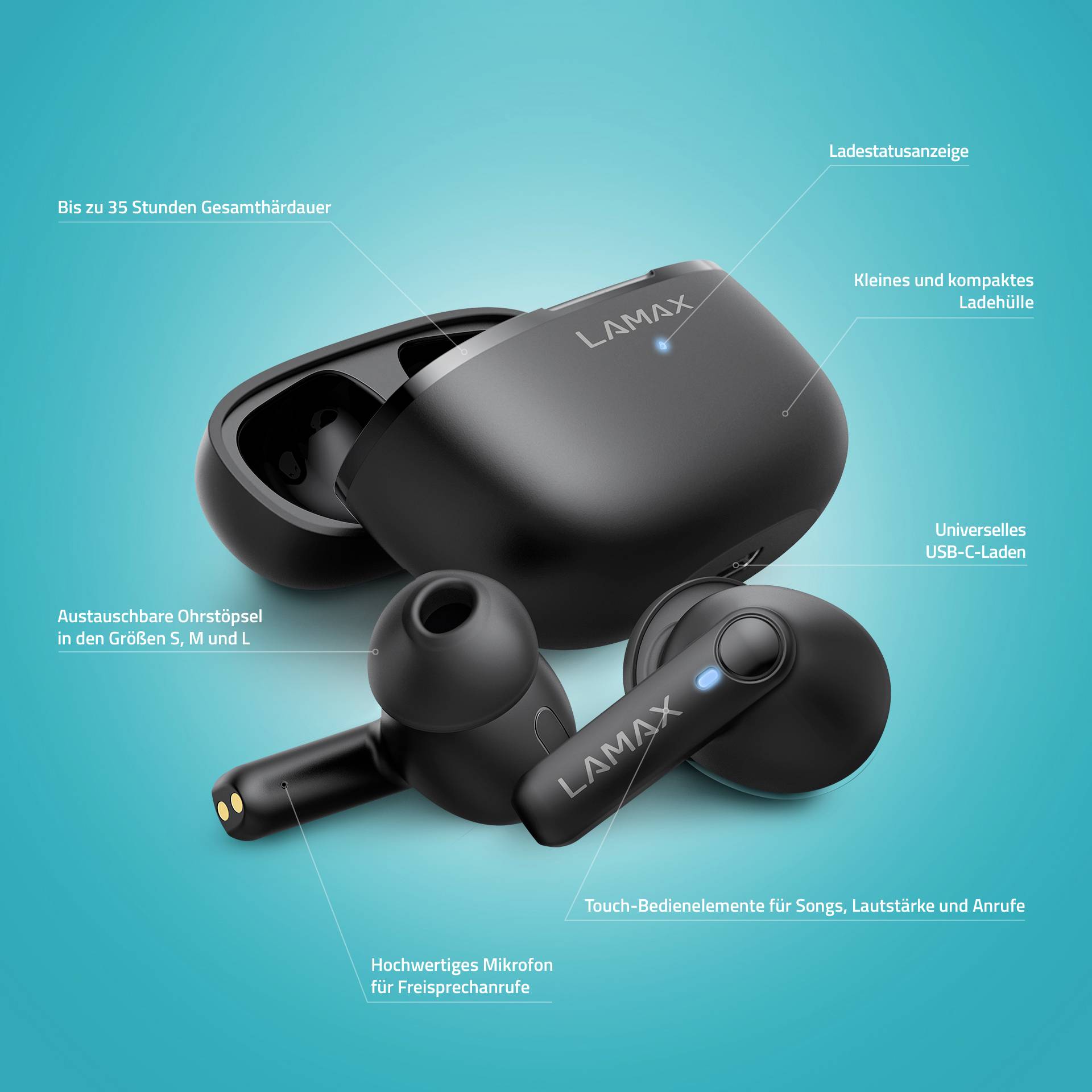 Lamax Clips1 Play In Ear Headset Bluetooth® Stereo Schwarz Batterieladeanzeige, Ladecase, Lautstärkeregelung, Schweißresistent