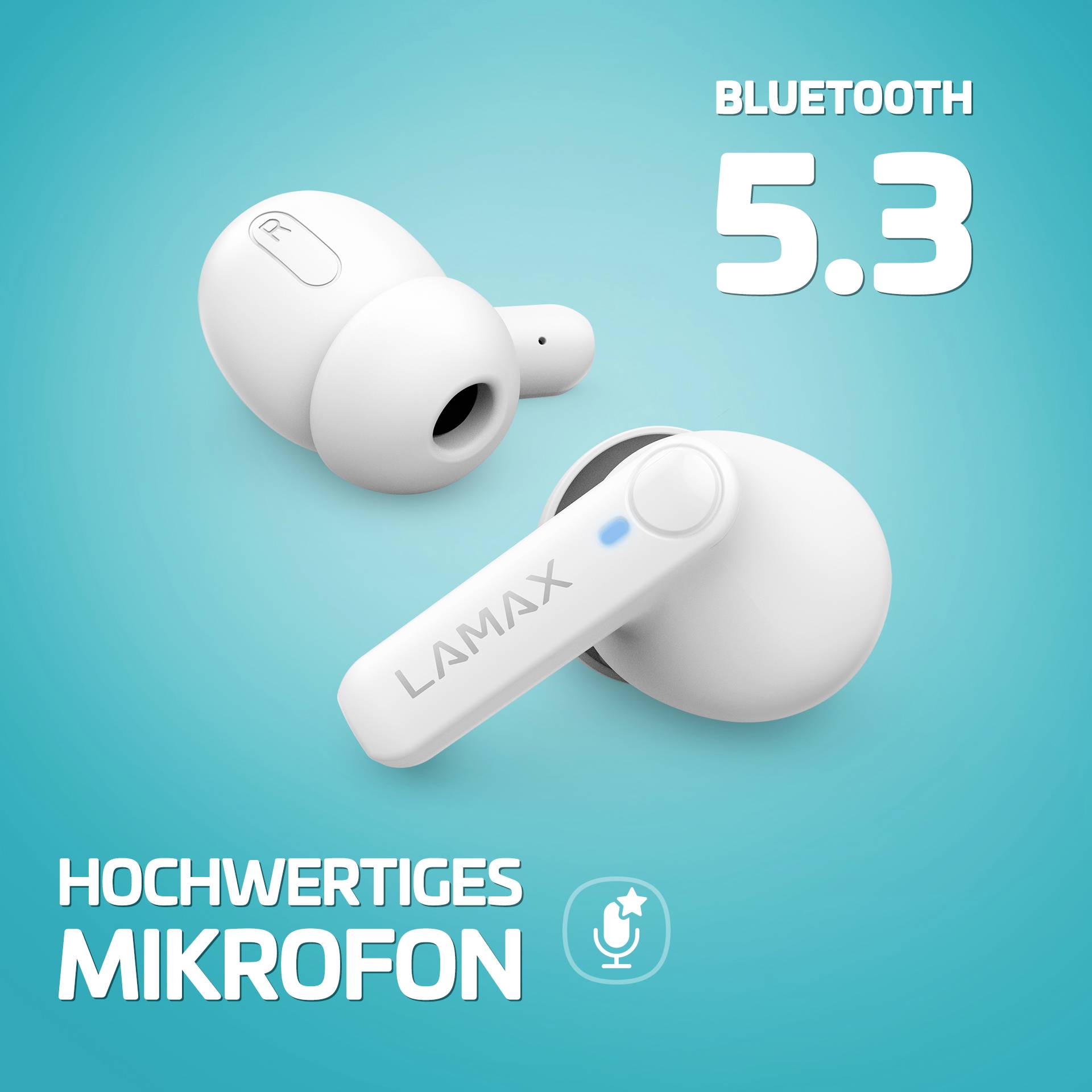 Zwei weiße kabellose Ohrhörer mit der Aufschrift 'Bluetooth 5.3' auf blauem Hintergrund. Text: 'Hochwertiges Mikrofon'.