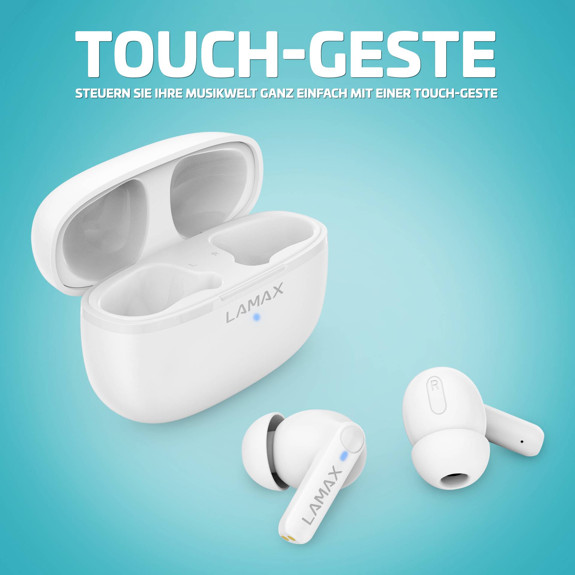 Weiße kabellose Ohrhörer mit Ladehülle auf blauem Hintergrund. Text oben: Touch-Geste - Steuern Sie Ihre Musikwelt mit einer Touch-Geste.