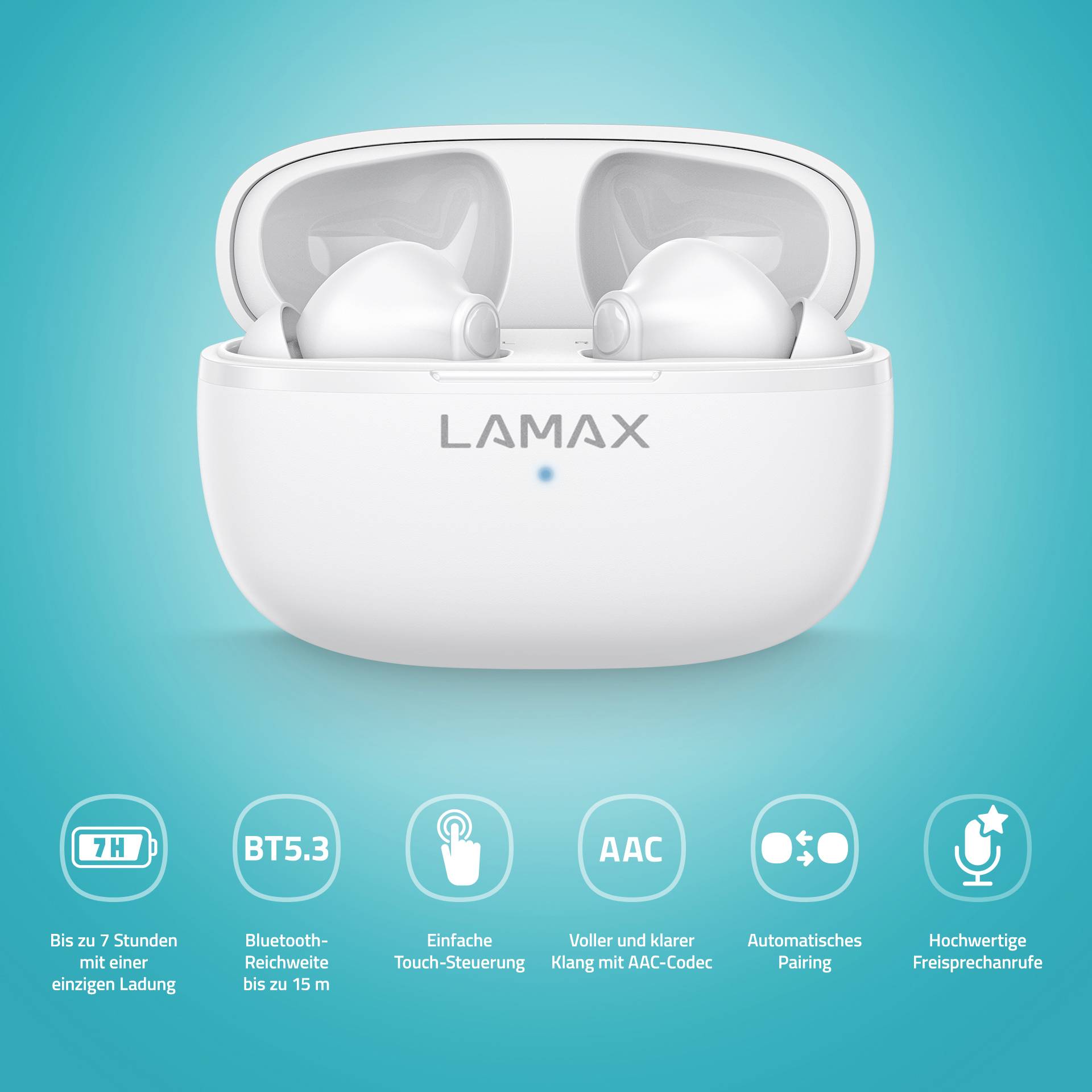 Weiße kabellose In-Ear-Kopfhörer in Ladehülle mit LAMAX-Logo. Darunter Symbole: 7 Stunden Akku, BT5.3, Touch-Steuerung, AAC, automatisches Pairing, Freisprechfunktion.