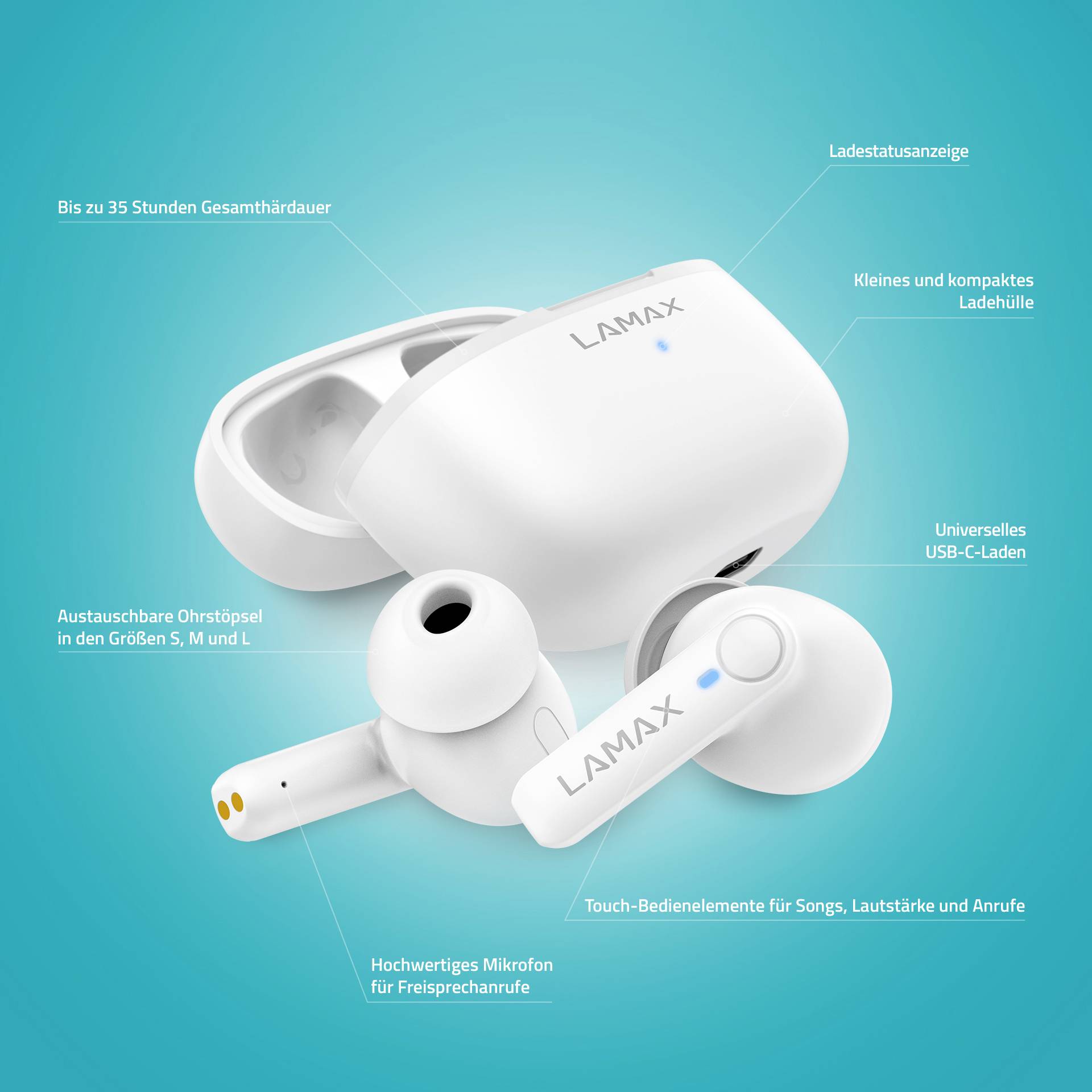 Weiße drahtlose In-Ear-Kopfhörer mit Ladehülle. Funktionen: bis 35 Std. Akkulaufzeit, austauschbare Ohrstücke, USB-C-Laden, Mikrofon, Bedienung per Touch.