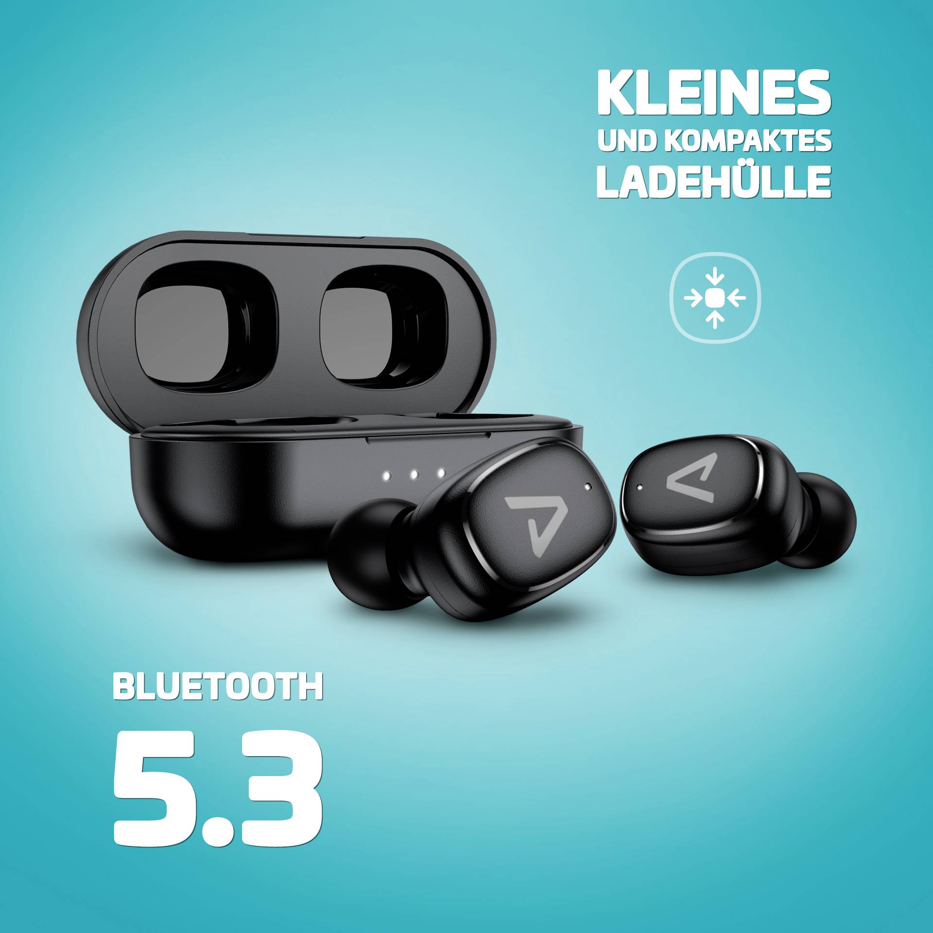 Schwarze kabellose Ohrhörer mit Ladehülle auf blauem Hintergrund. Text: 'Kleines und kompaktes Ladehülle', 'Bluetooth 5.3'.