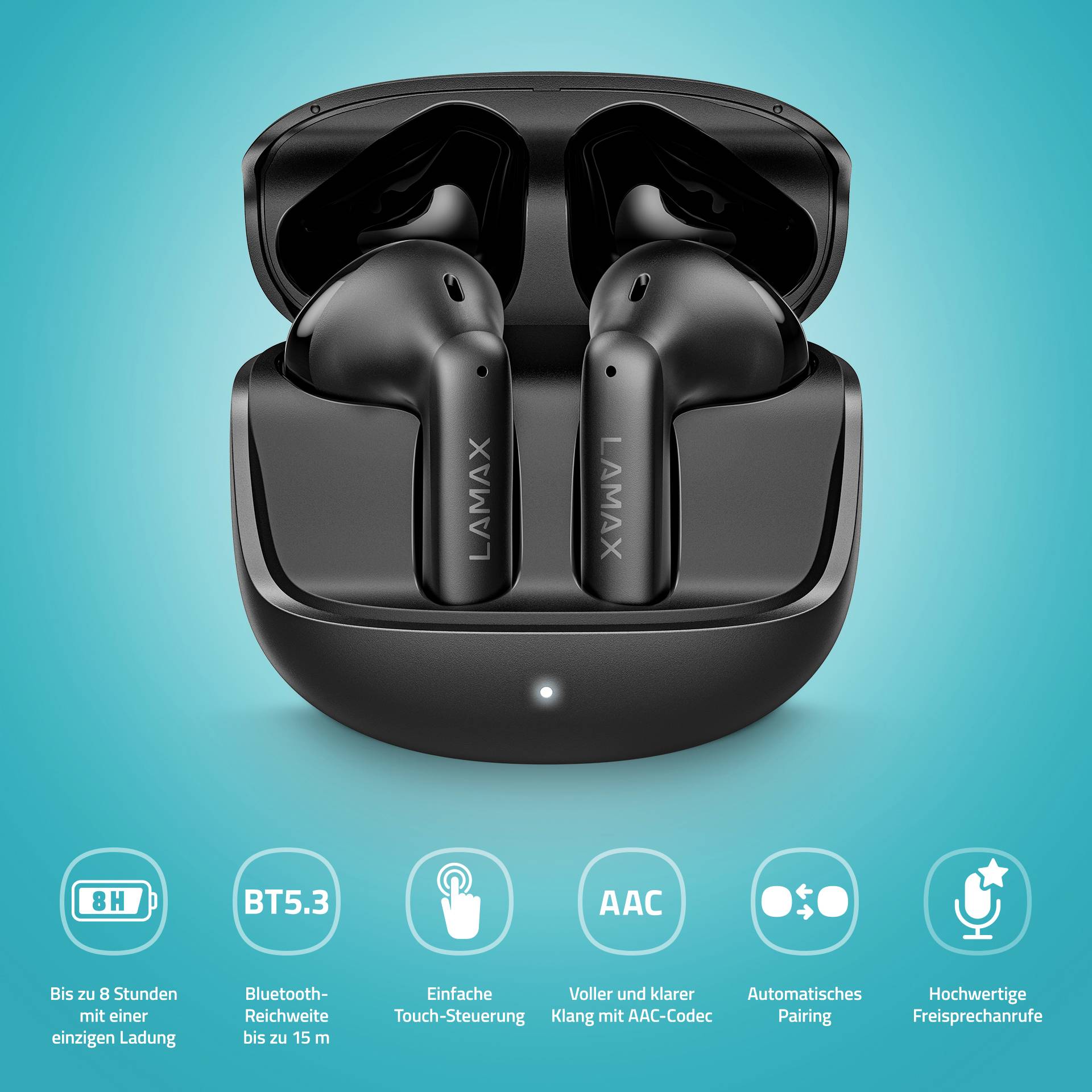 Lamax Tones1 In Ear Headset Bluetooth® Stereo Schwarz Batterieladeanzeige, Ladecase, Lautstärkeregelung, Schweißresistent