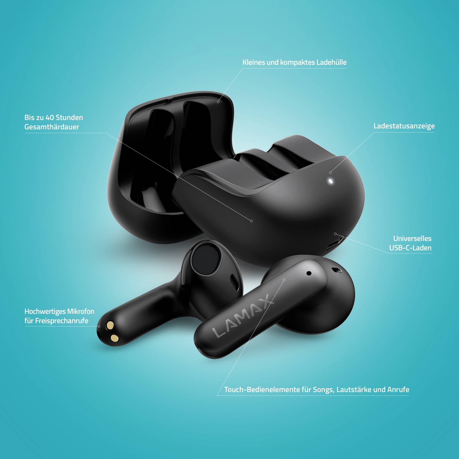 Lamax Tones1 In Ear Headset Bluetooth® Stereo Schwarz Batterieladeanzeige, Ladecase, Lautstärkeregelung, Schweißresistent