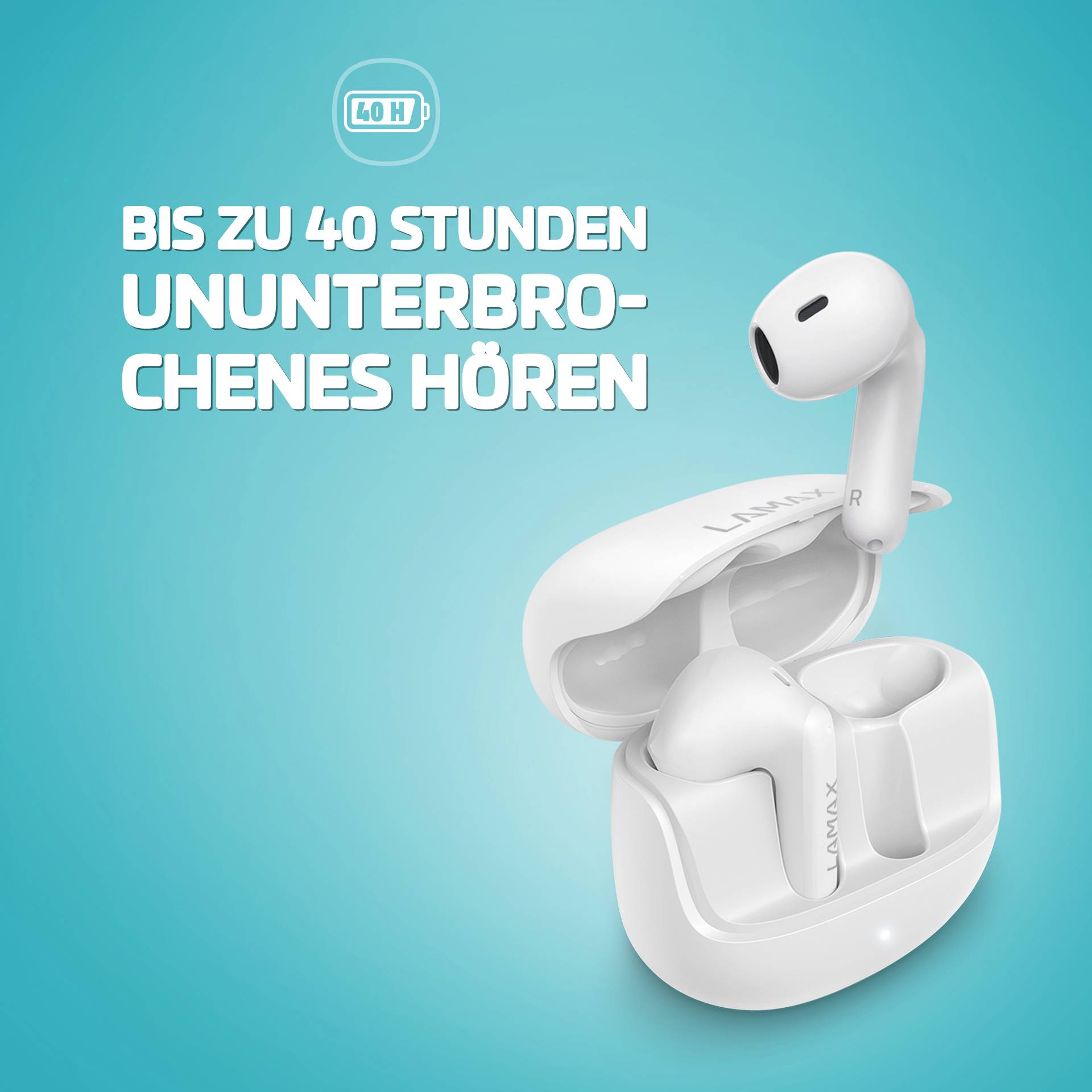 Kabellose Ohrhörer in Ladehülle vor blauem Hintergrund. Text: 'Bis zu 40 Stunden ununterbrochenes Hören.'