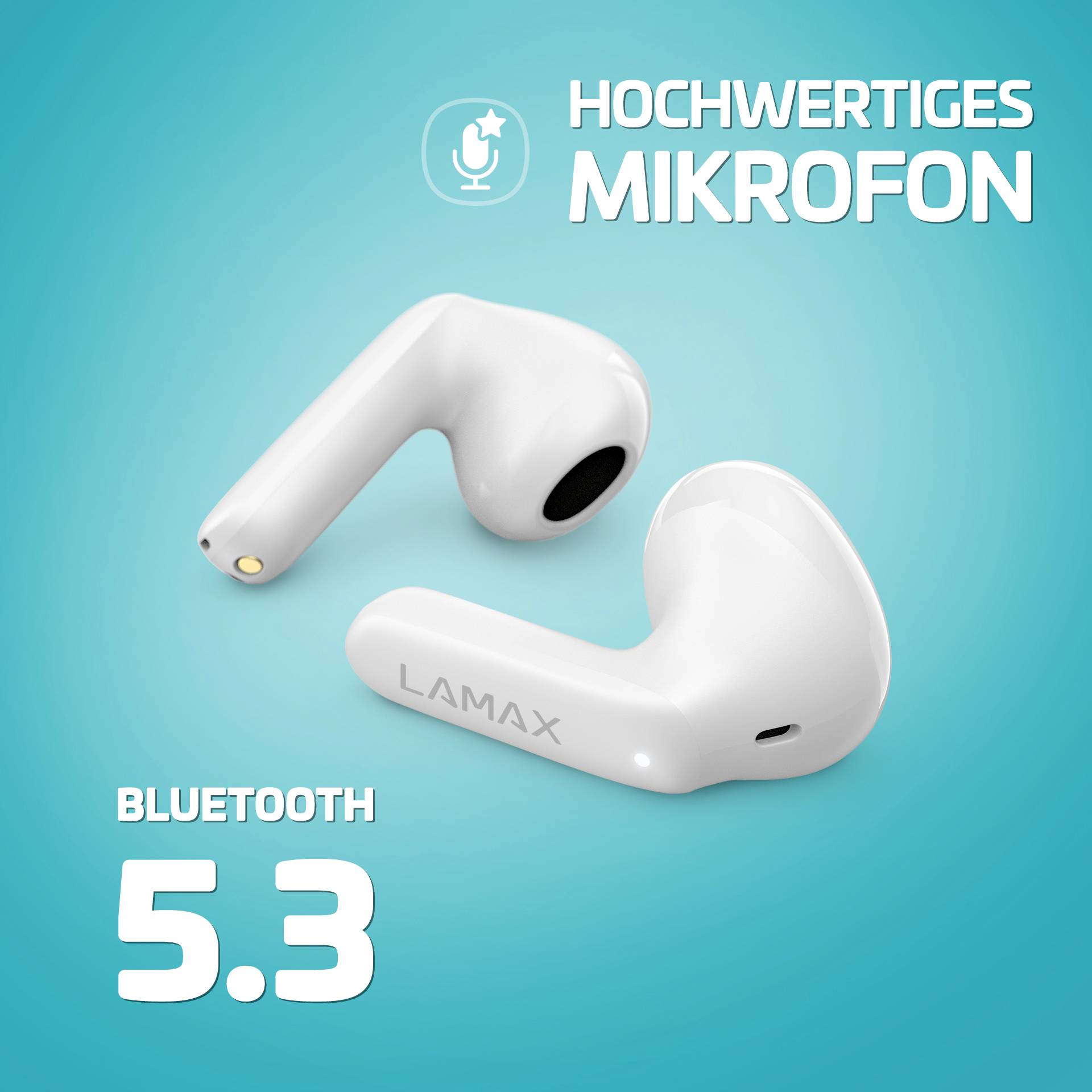 Zwei drahtlose weiße Ohrhörer auf blauem Hintergrund. Text: 'Hochwertiges Mikrofon', 'Bluetooth 5.3'.