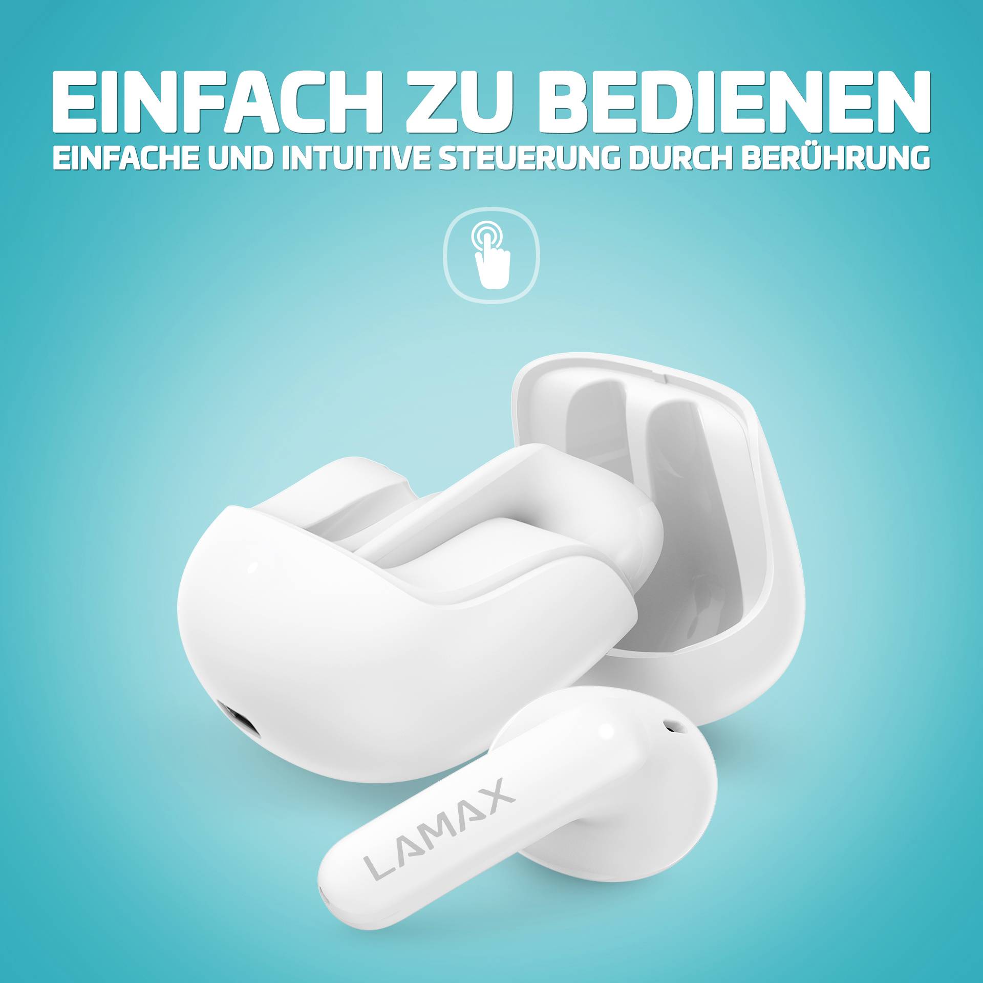 Weiße kabellose Ohrhörer mit dem Text 'Einfach zu bedienen: Einfache und intuitive Steuerung durch Berührung' auf blauem Hintergrund.