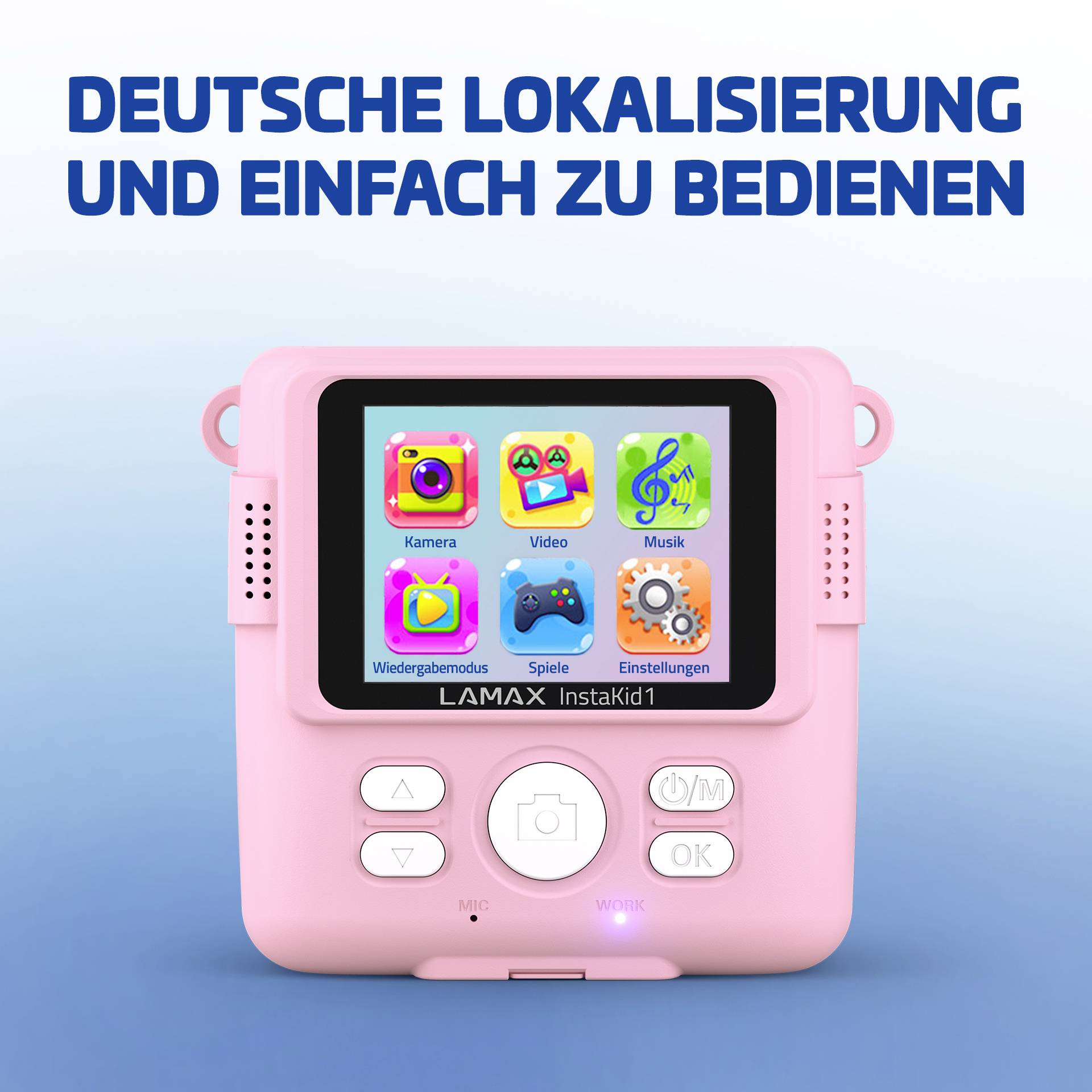 Lamax InstaKid1 Sofortbildkamera Pink Integrierter Akku, mit eingebautem Blitz, Full HD Video, Spritzwassergeschützt
