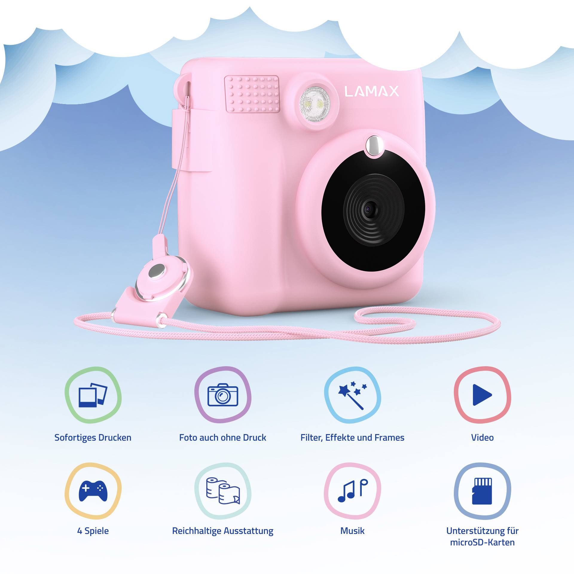 Lamax InstaKid1 Sofortbildkamera Pink Integrierter Akku, mit eingebautem Blitz, Full HD Video, Spritzwassergeschützt