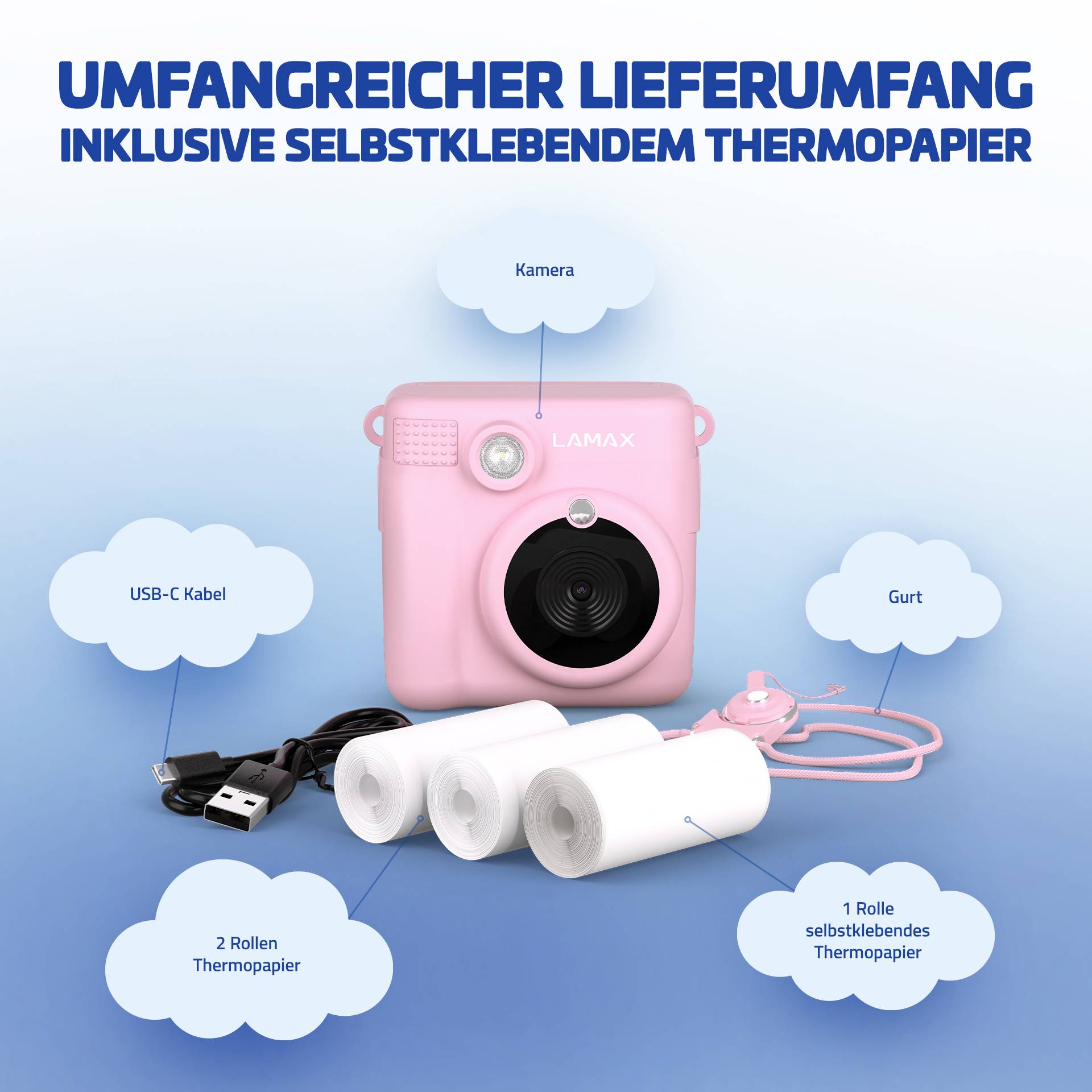 Lamax InstaKid1 Sofortbildkamera Pink Integrierter Akku, mit eingebautem Blitz, Full HD Video, Spritzwassergeschützt