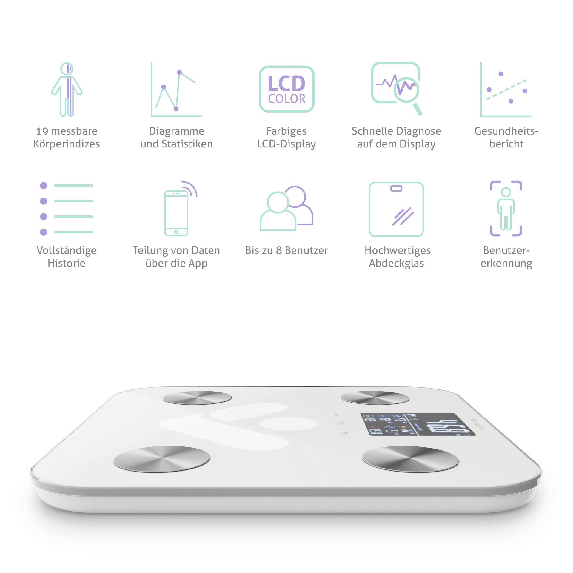Digitale Waage mit LCD-Display zeigt Gesundheitsberichte, 19 Körperindizes und Diagramme. Unterstützt bis zu 8 Benutzer.