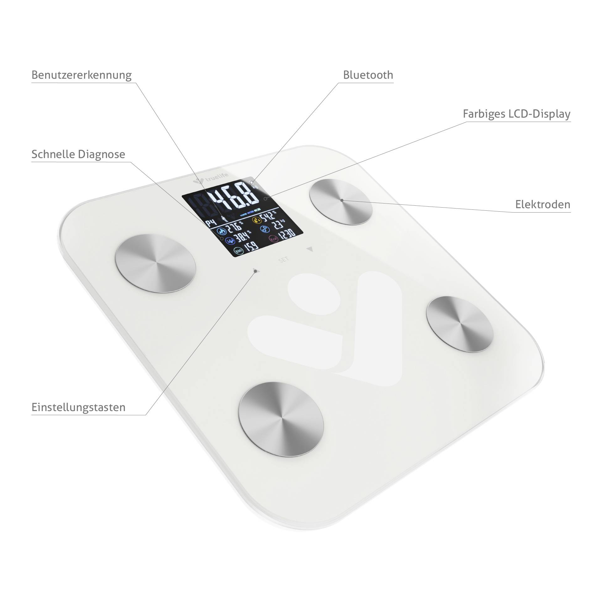 Digitale Personenwaage mit Elektroden, farbigem LCD-Display, Bluetooth und Benutzerekennung. Schnell-Diagnose und drei Einstellungstasten.