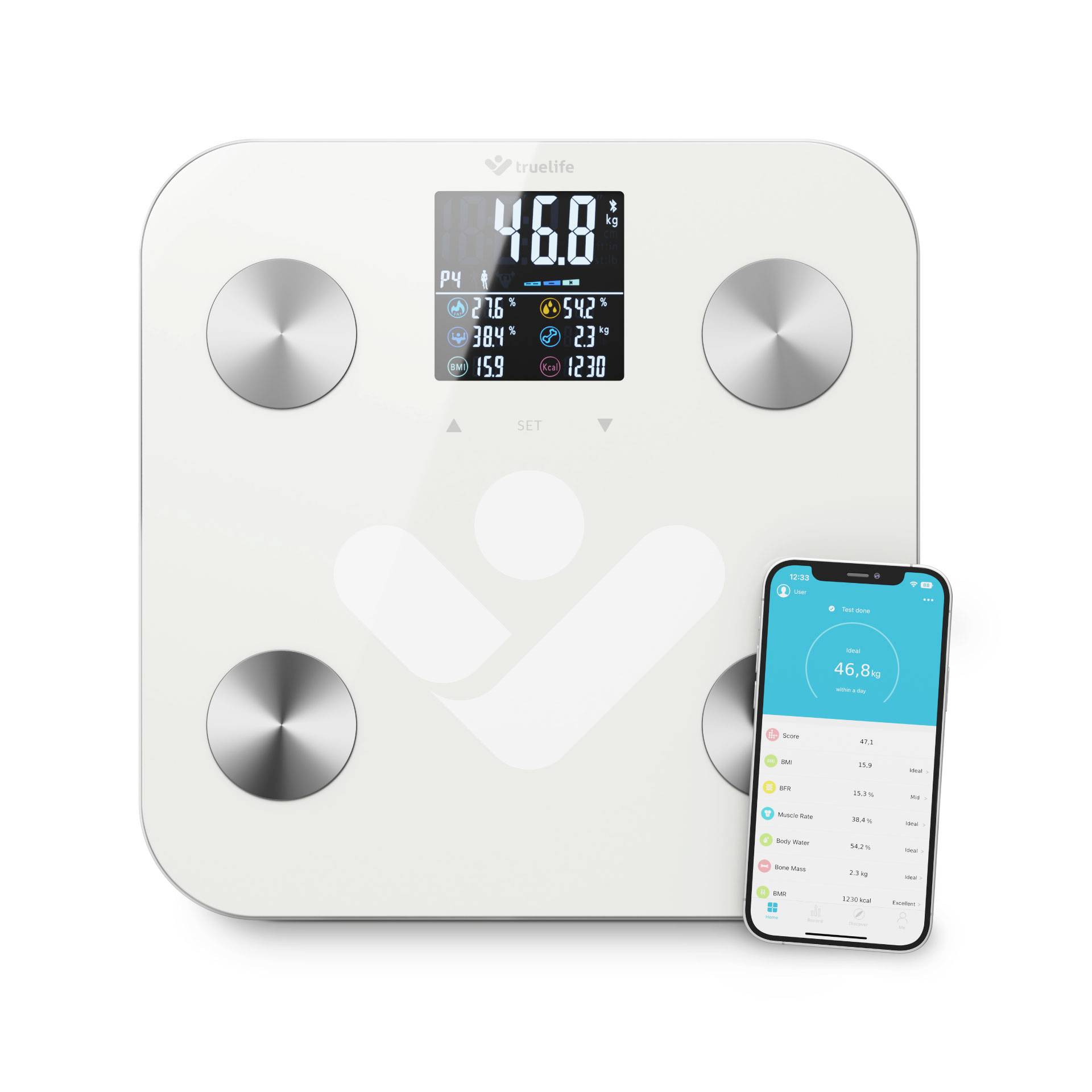 Digitale Waage mit Anzeige von Gewicht (46,0 kg) und Gesundheitsdaten wie Puls und Muskelanteil. Smartphone zeigt dazugehörige App.
