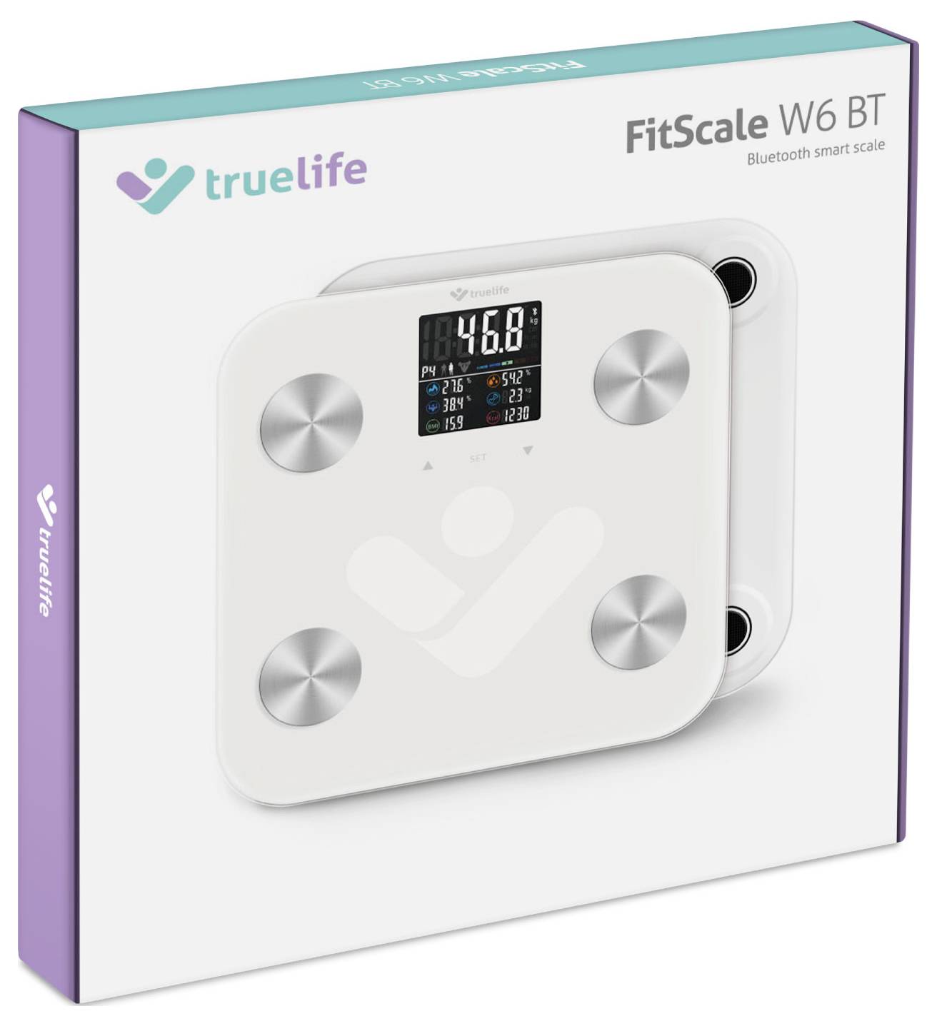 Quadratische, weiße, smarte Waage mit digitalem Display, zeigt '46.0'. Verpackung mit 'trueLife FitScale W6 BT' beschriftet.