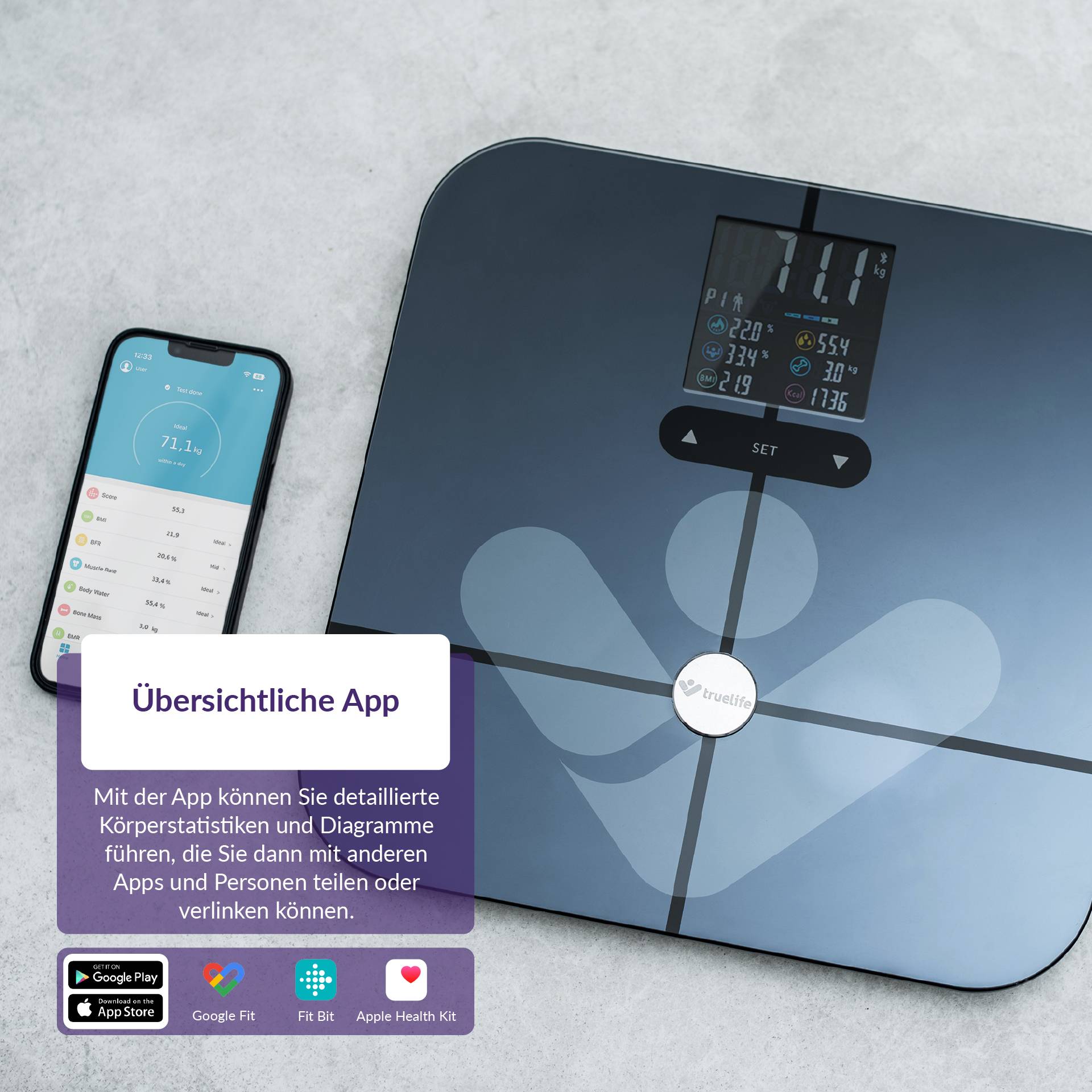 truelife FitScale W7 BT Personenwaage digital Wägebereich (max.)=180 kg Schwarz Mit Bluetooth