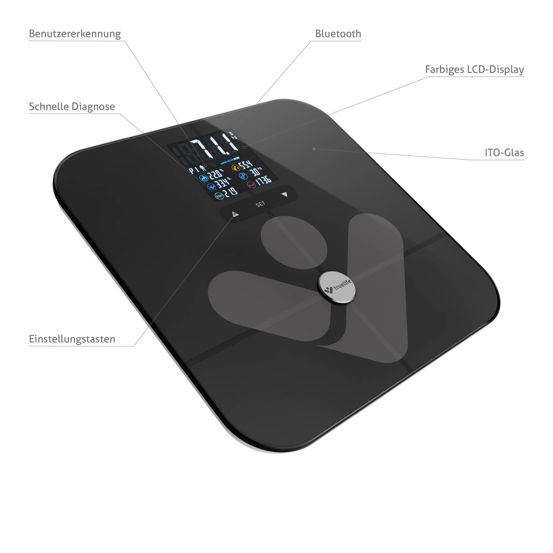 truelife FitScale W7 BT Personenwaage digital Wägebereich (max.)=180 kg Schwarz Mit Bluetooth
