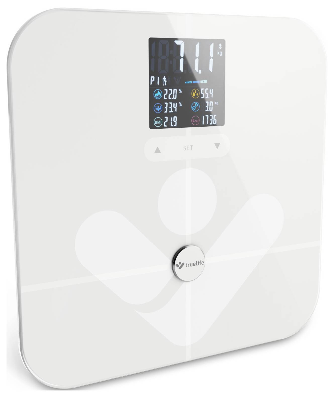 Digitale Waage mit beleuchtetem Display, zeigt Gewicht '71,1 kg', Körperfettanteil '20%', Wasseranteil '55%', Muskelmasse '34%', Kalorien '1735'.