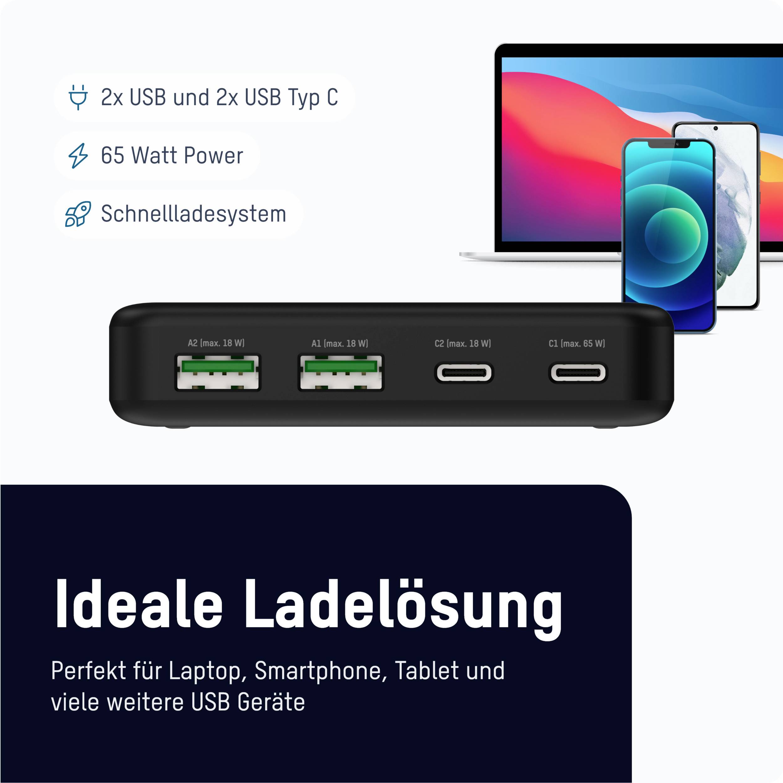 Ansmann Desktop Ladegerät DC465PD 65W USB Ladegerät 65W 2x USB-A, 2x USB-C® USB PD Schwarz Innenbereich